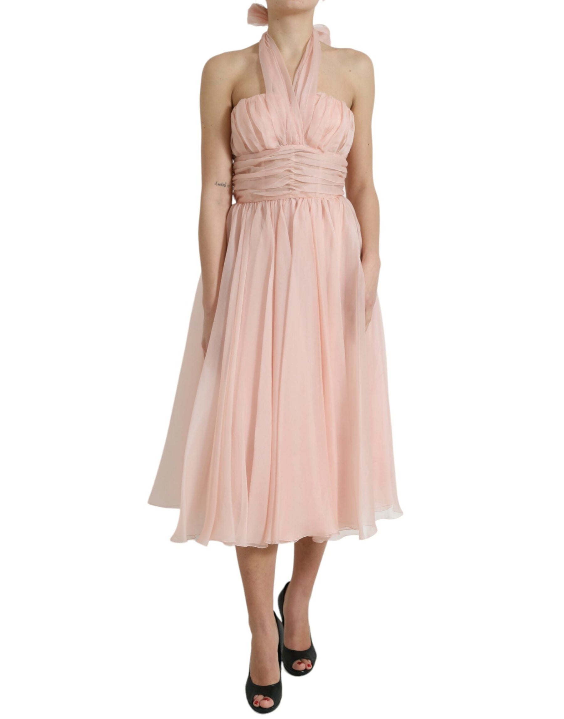 Dolce & Gabbana Pink Silk Chiffon Halter A-line Pleated Midi Dress | Regal Royce