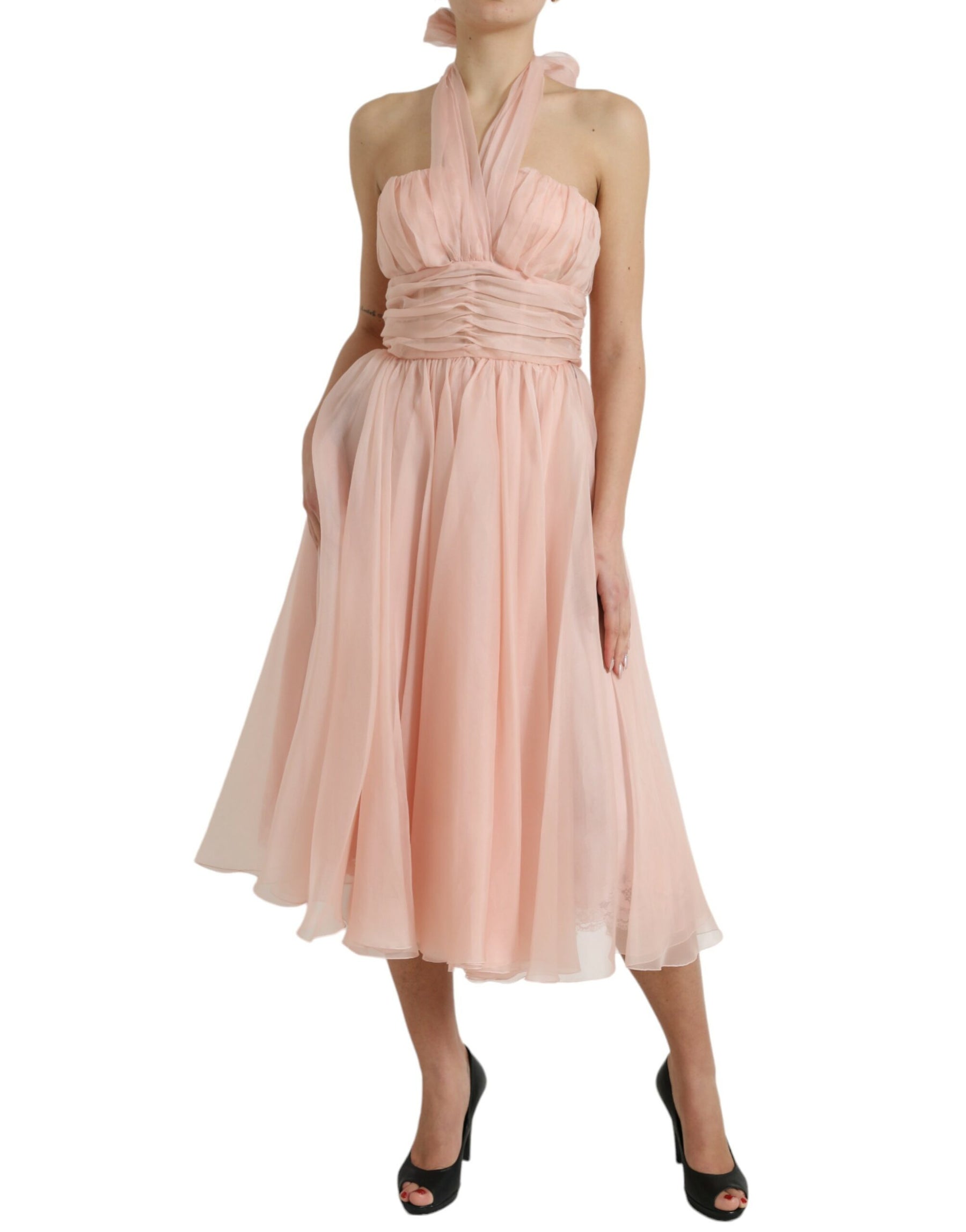 Dolce & Gabbana Pink Silk Chiffon Halter A-line Pleated Midi Dress | Regal Royce