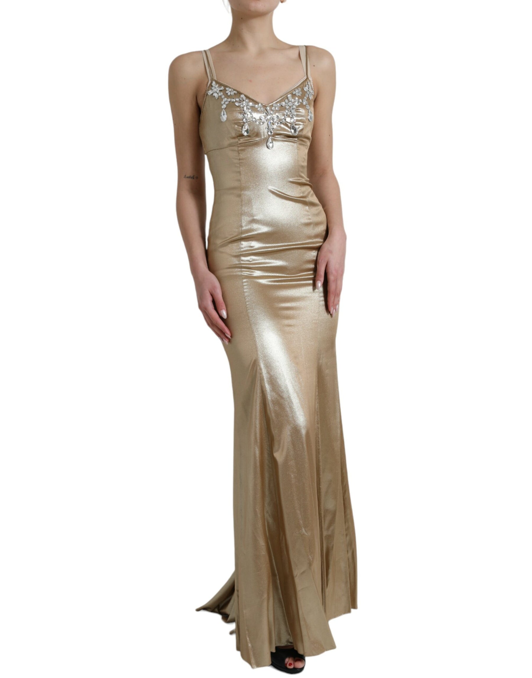 Dolce & Gabbana Metallic Gold Crystal Embellished Gown Dress | Regal Royce