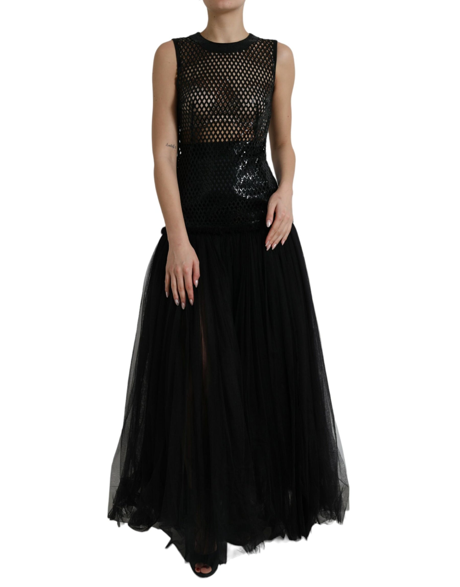 Dolce & Gabbana Black Sequined Sleeveless Mesh Layered Gown Dress | Regal Royce