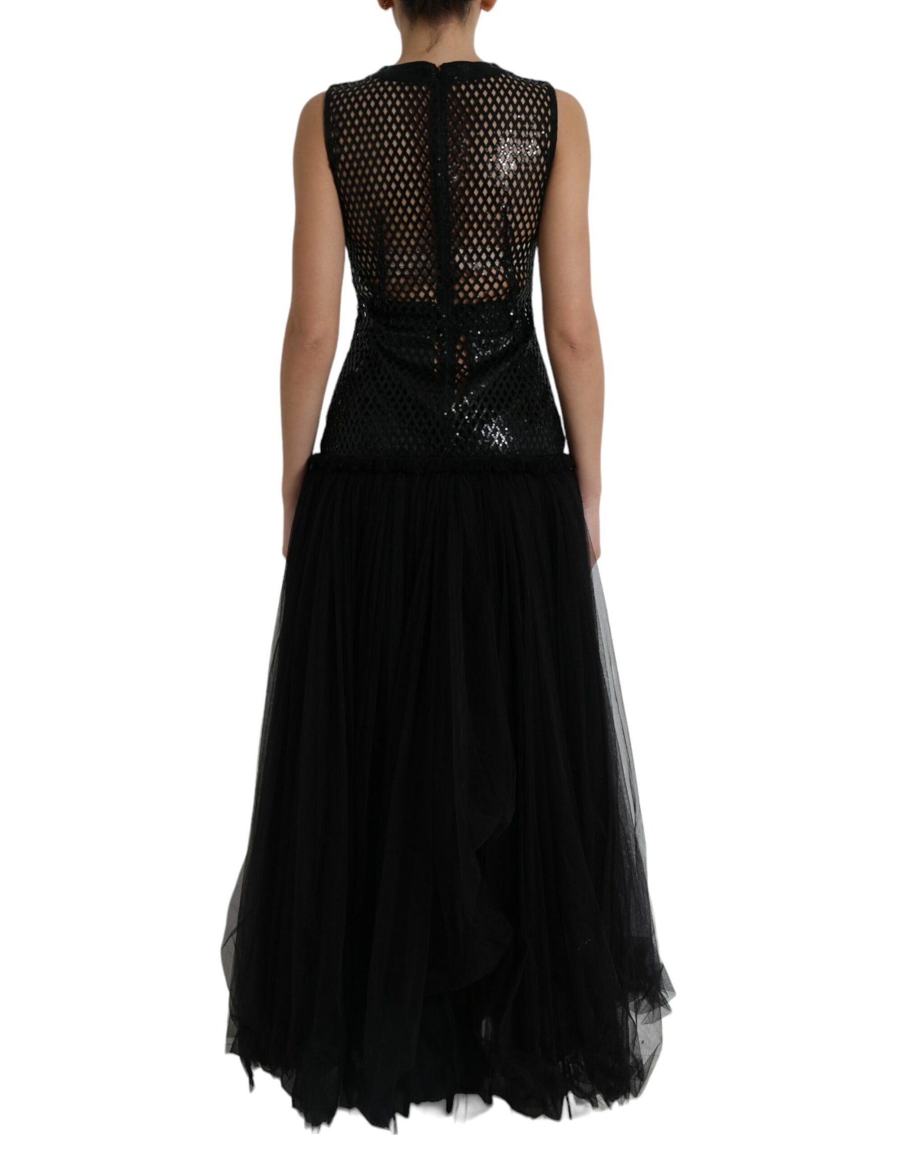 Dolce & Gabbana Black Sequined Sleeveless Mesh Layered Gown Dress | Regal Royce
