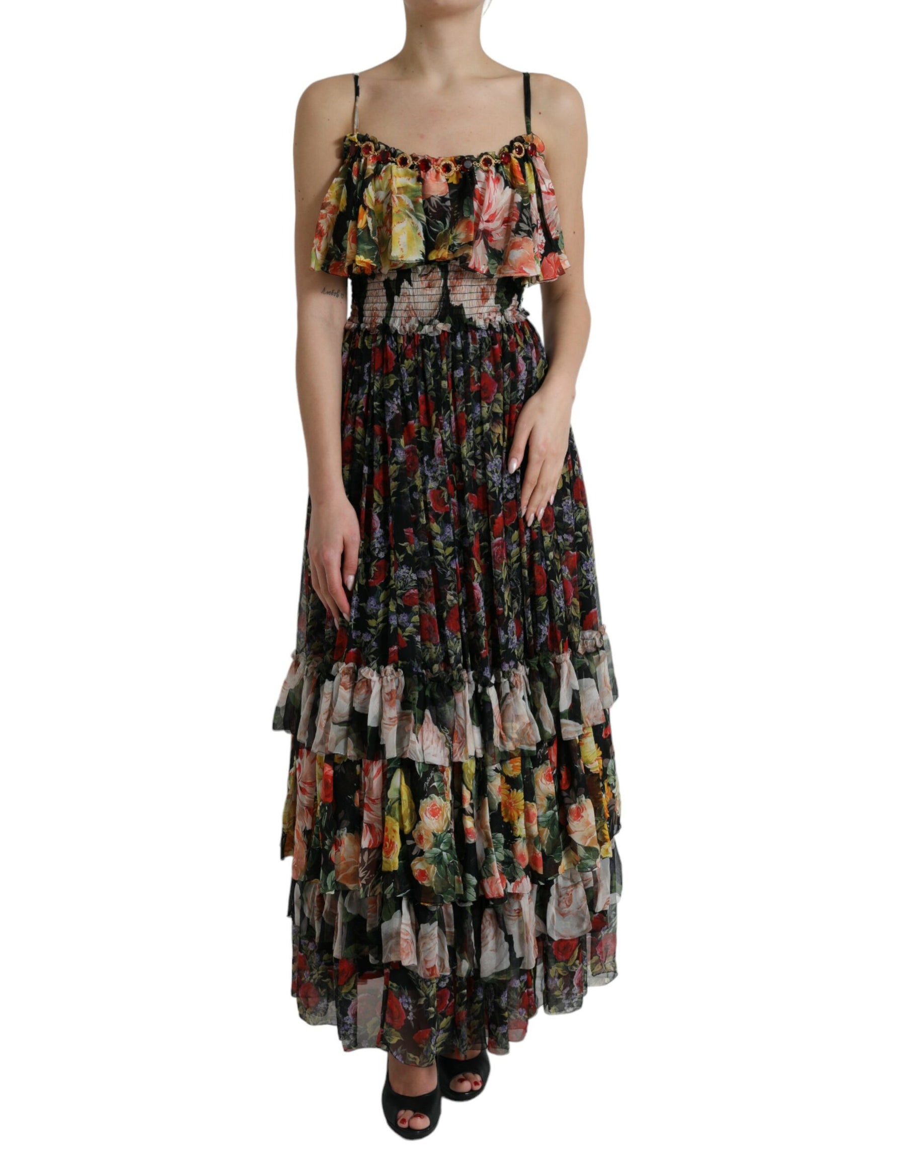 Dolce & Gabbana Multicolor Floral Chiffon Tiered Maxi Dress | Regal Royce