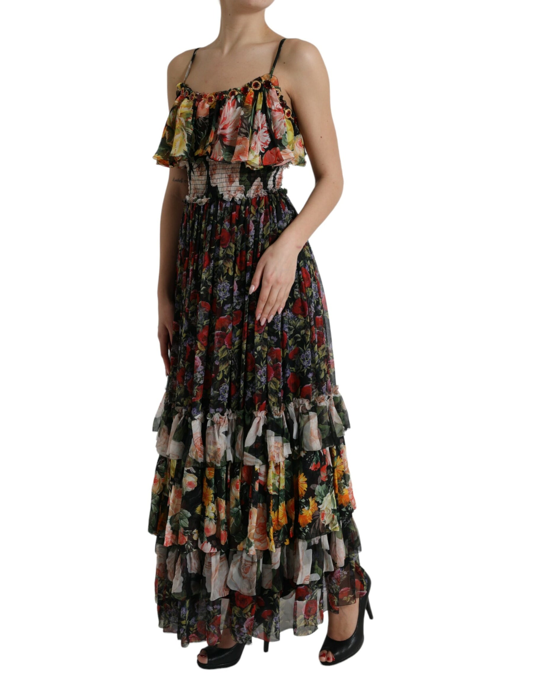 Dolce & Gabbana Multicolor Floral Chiffon Tiered Maxi Dress | Regal Royce