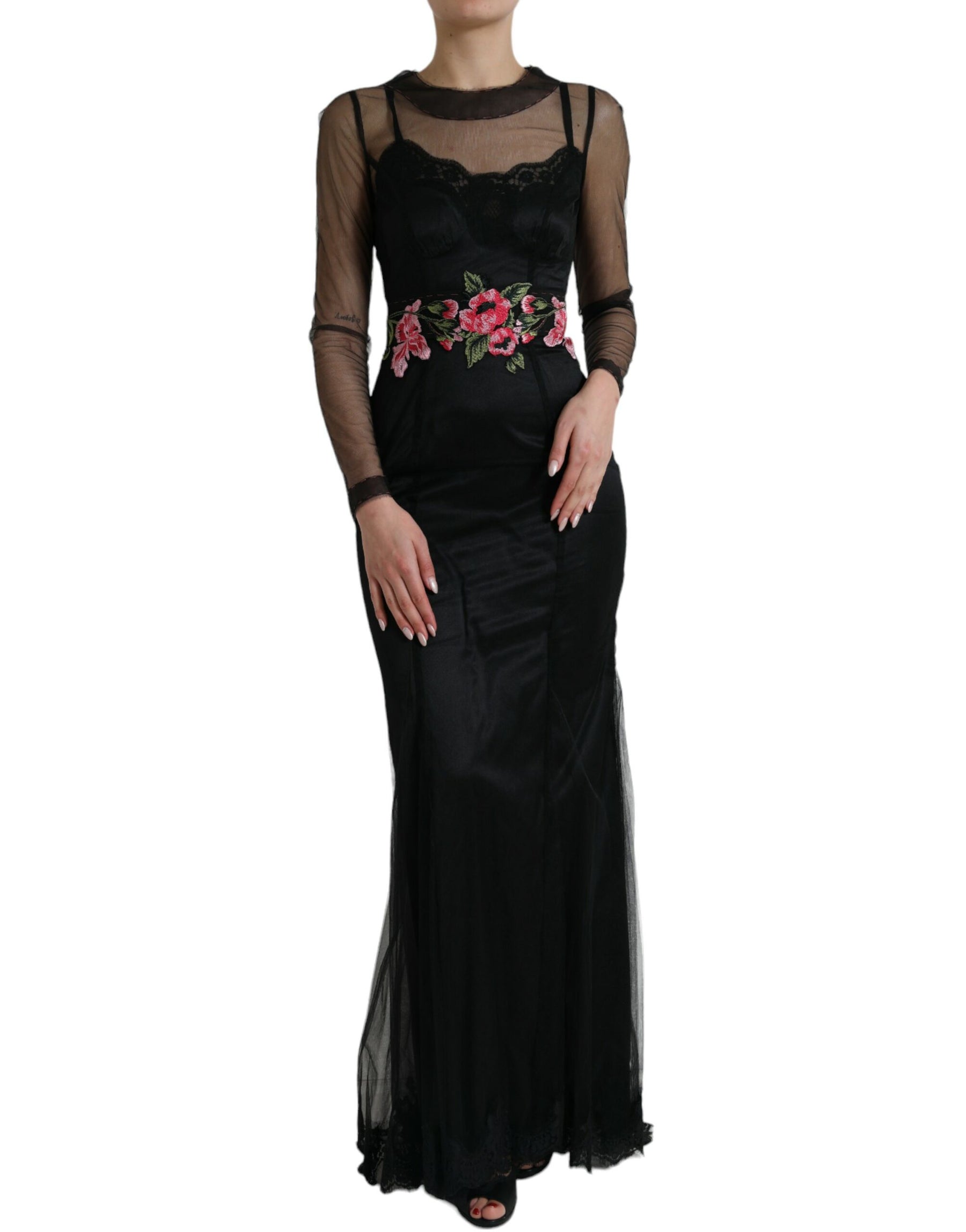 Dolce & Gabbana Black Floral Embroidery Mesh Tulle Gown Dress | Regal Royce