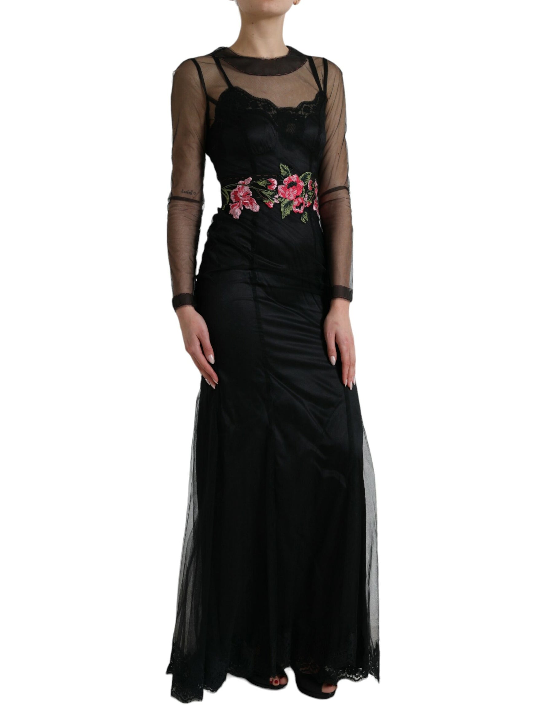 Dolce & Gabbana Black Floral Embroidery Mesh Tulle Gown Dress | Regal Royce