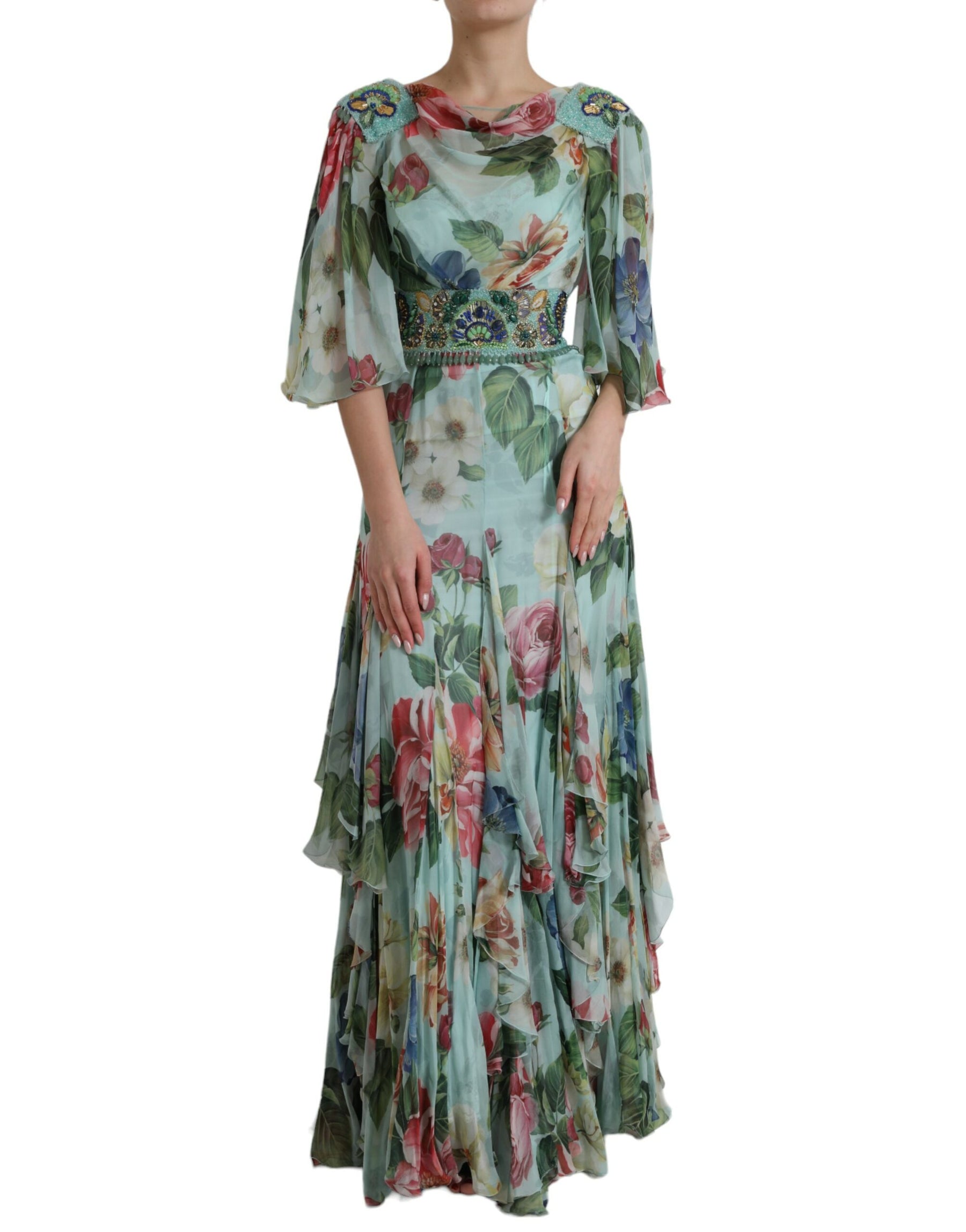 Dolce & Gabbana Blue Floral Print Tiered Long Maxi Dress | Regal Royce