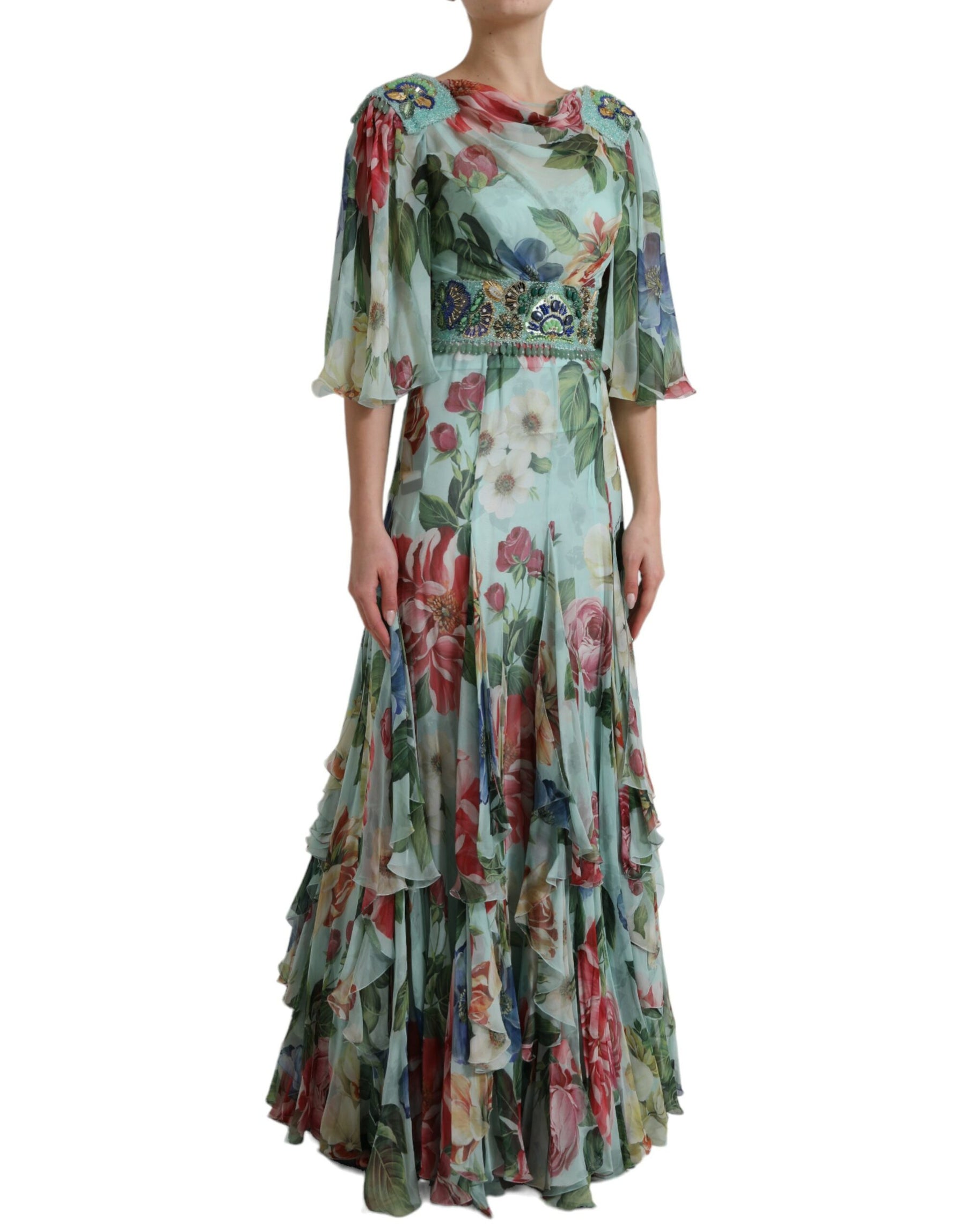 Dolce & Gabbana Blue Floral Print Tiered Long Maxi Dress | Regal Royce