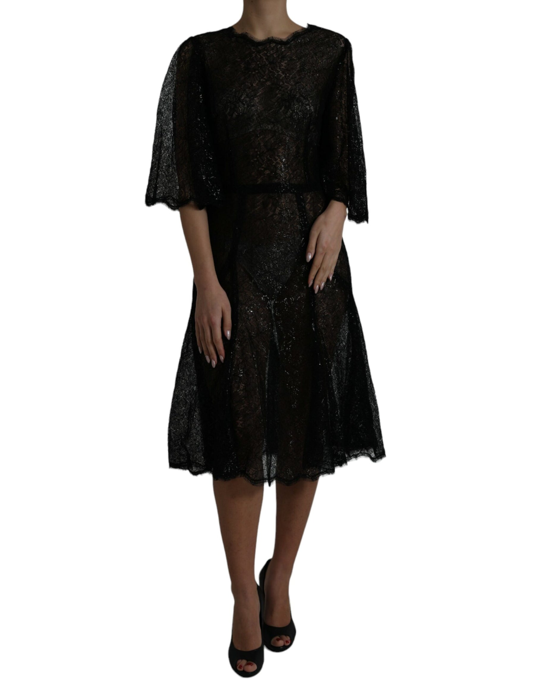 Dolce & Gabbana Black Floral Lace Sheer A-line Midi Dress | Regal Royce