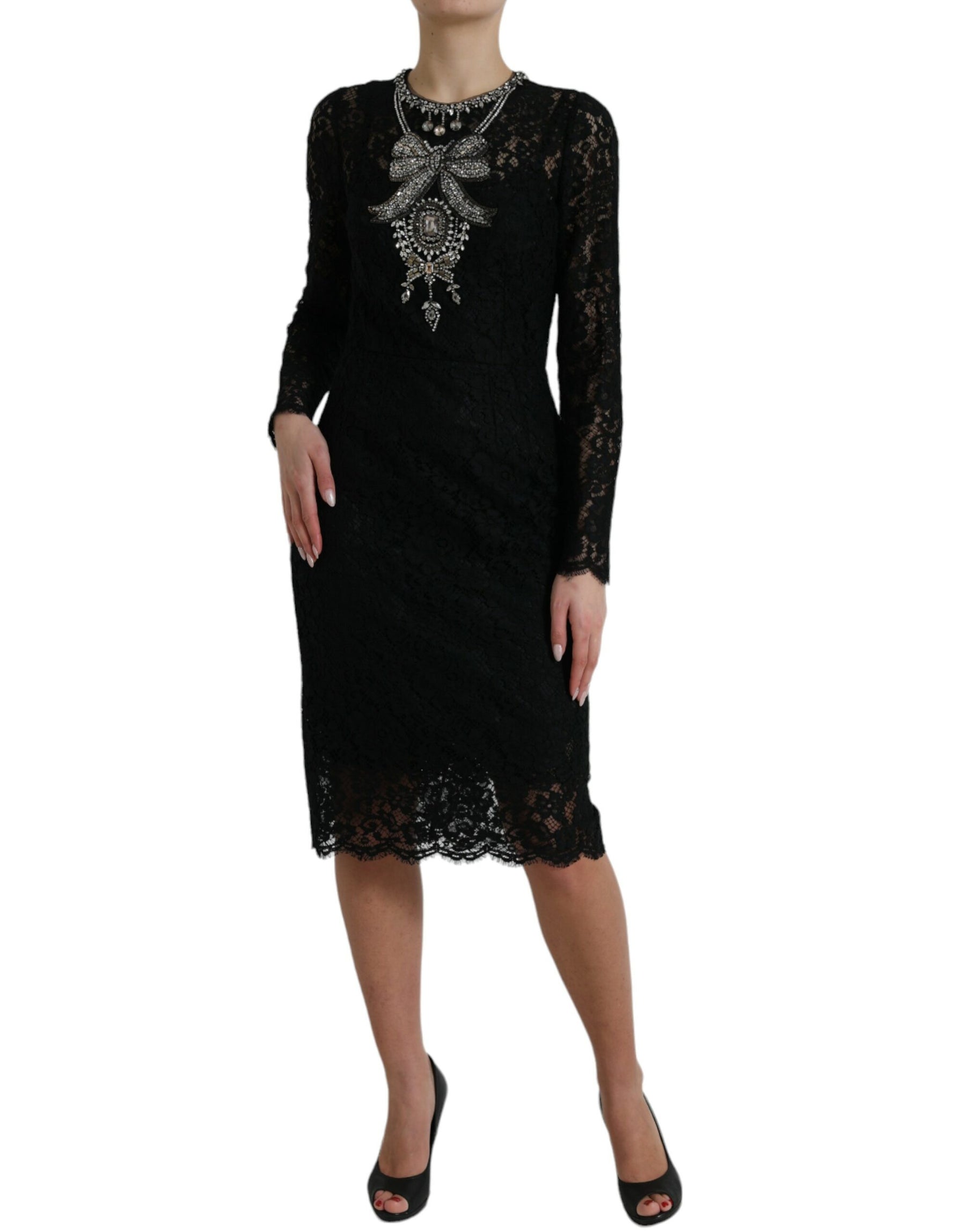 Dolce & Gabbana Black Lace Crystal Embellished Sheath Dress | Regal Royce