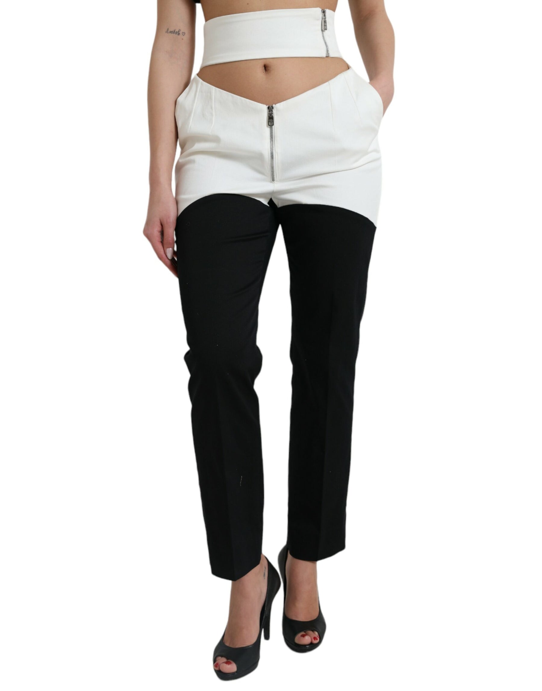Dolce & Gabbana Black White Cotton Cut Out Waist Tapered Pants | Regal Royce