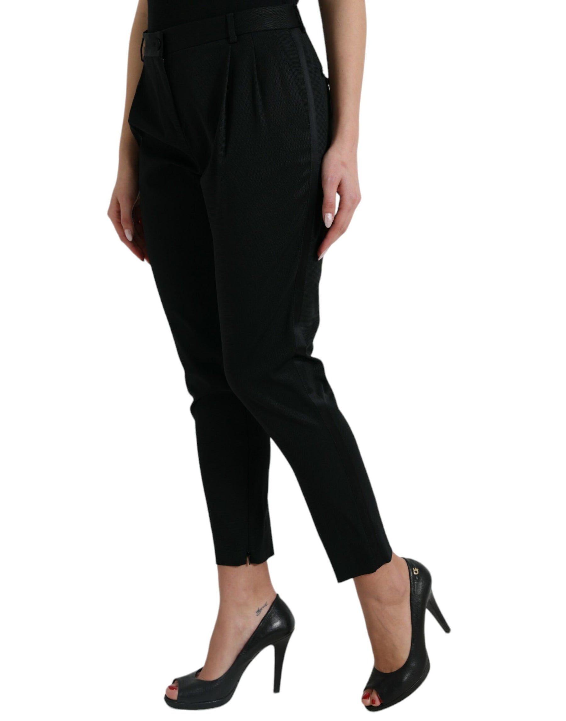 Dolce & Gabbana Black Wool High Waist Cropped Tapered Pants | Regal Royce