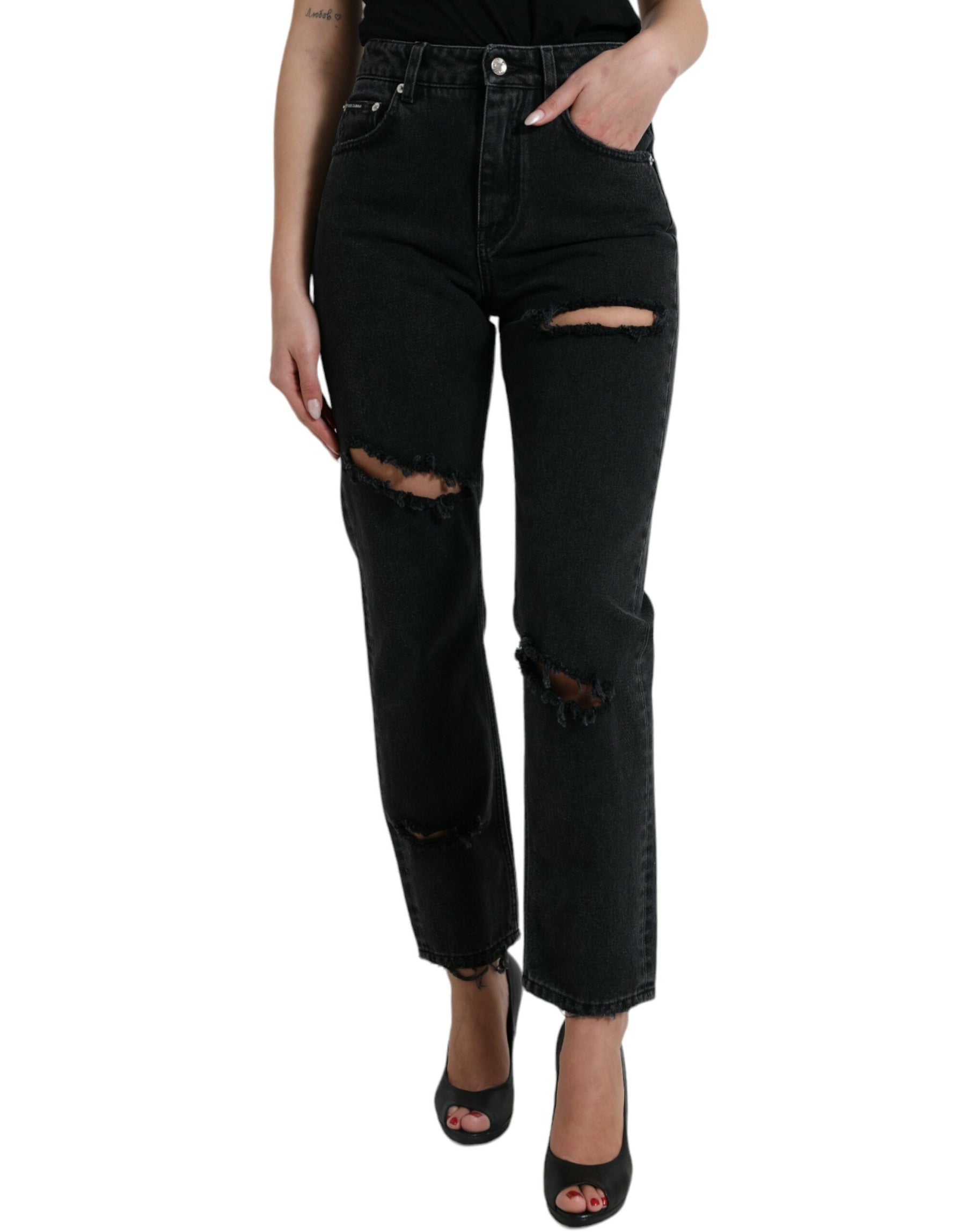 Dolce & Gabbana Black Cotton High Waist Tattered Denim Jeans | Regal Royce