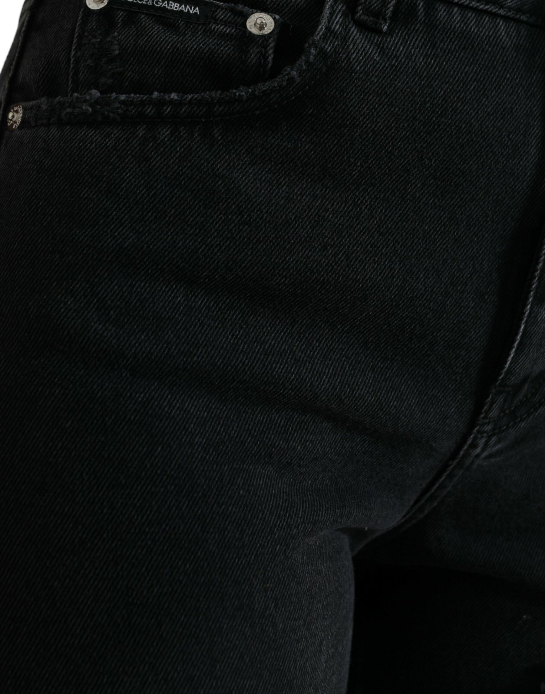 Dolce & Gabbana Black Cotton High Waist Tattered Denim Jeans | Regal Royce