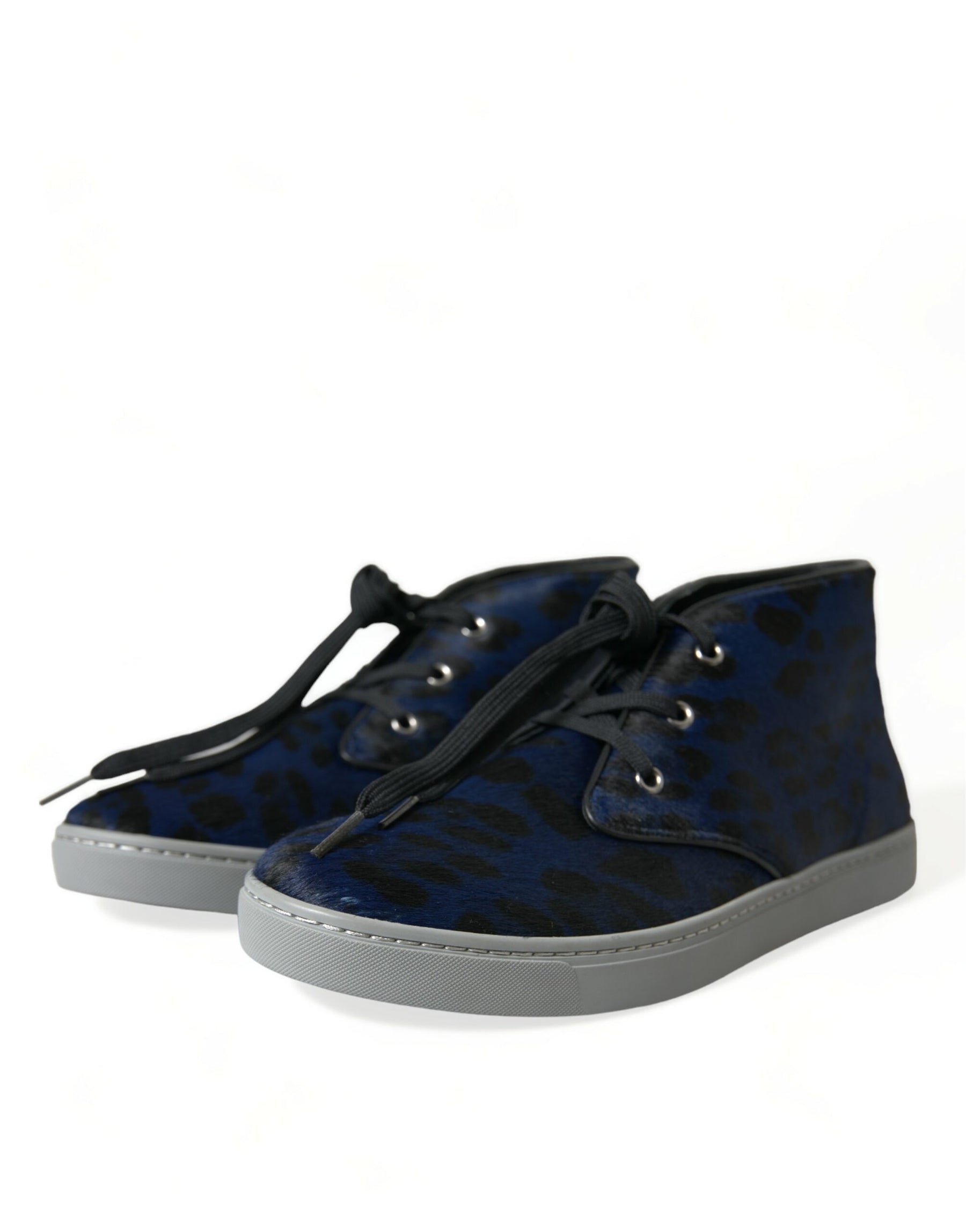 Dolce & Gabbana Blue Calfskin Leopard Mid Top Sneakers Shoes | Regal Royce