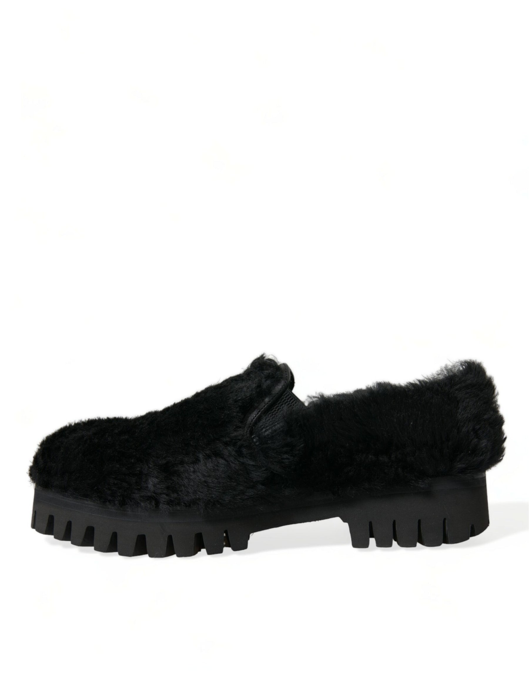 Dolce & Gabbana Black Fur Leather Slippers Dress Shoes | Regal Royce