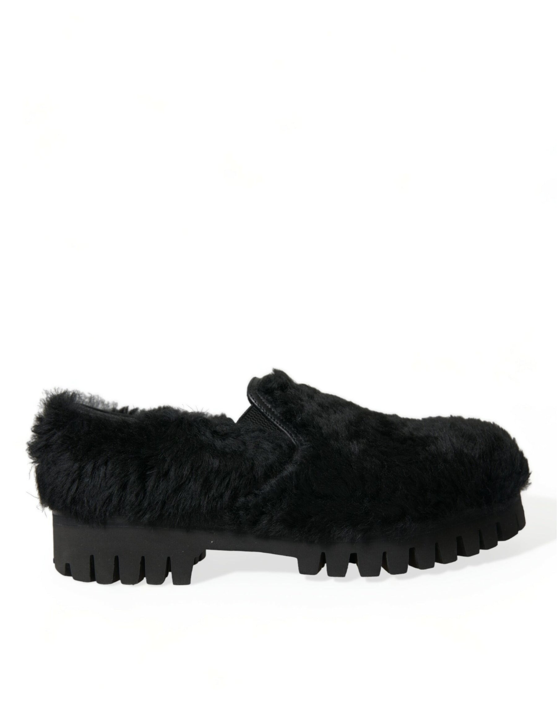 Dolce & Gabbana Black Fur Leather Slippers Dress Shoes | Regal Royce
