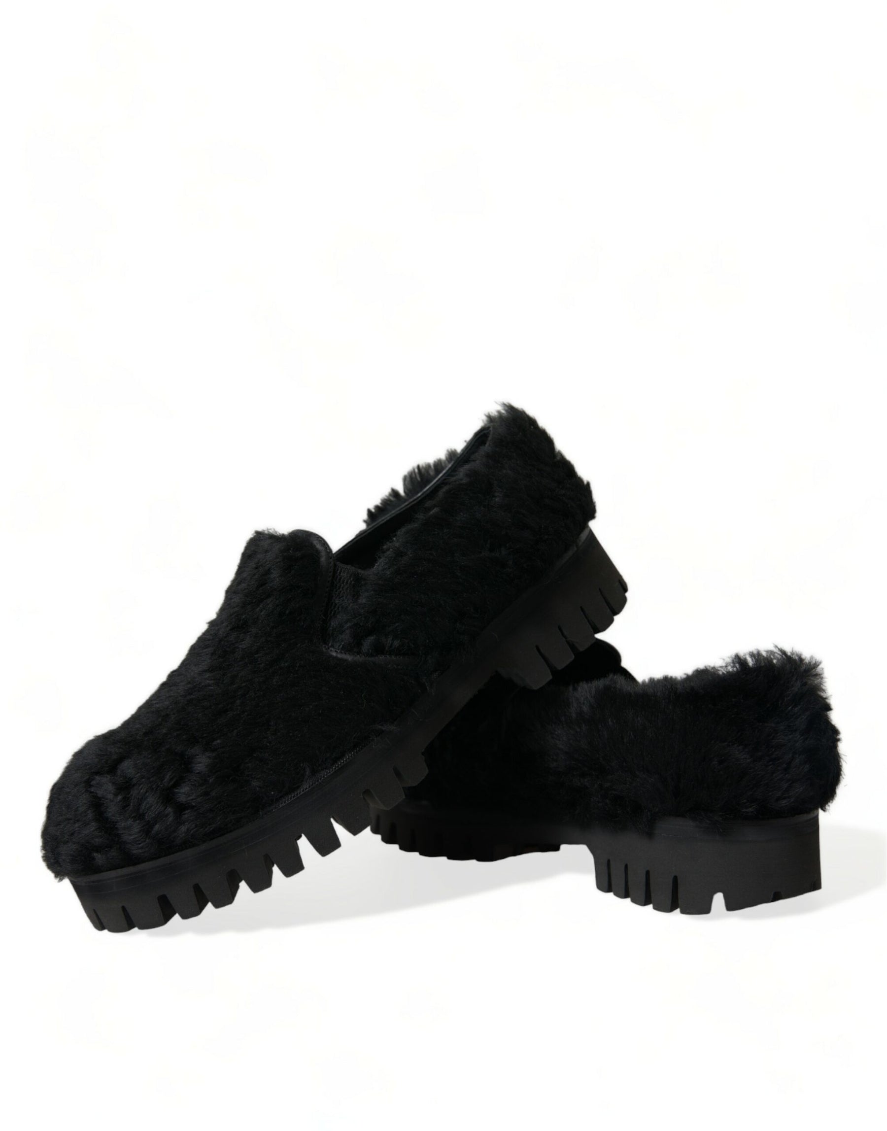 Dolce & Gabbana Black Fur Leather Slippers Dress Shoes | Regal Royce