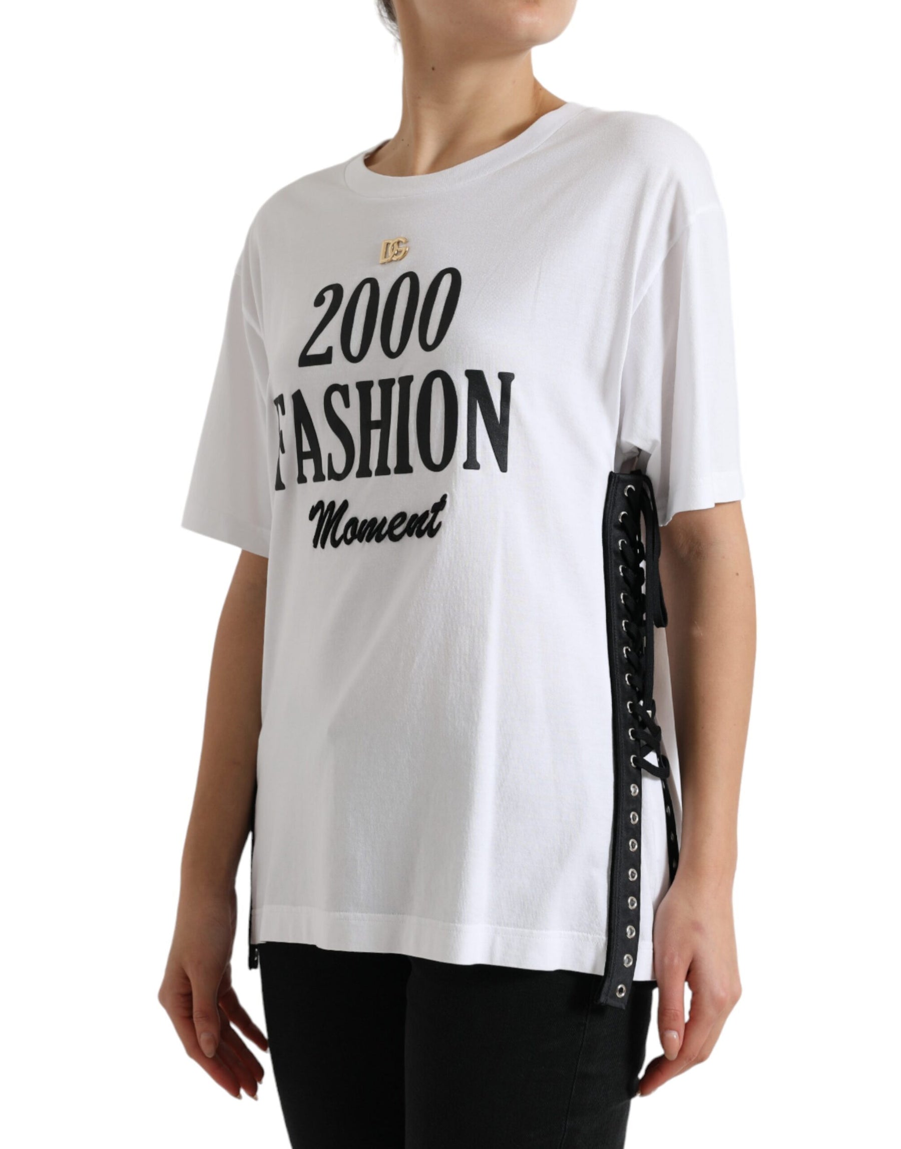 Dolce & Gabbana White Slogan Print Lacing Detailed T-shirt | Regal Royce