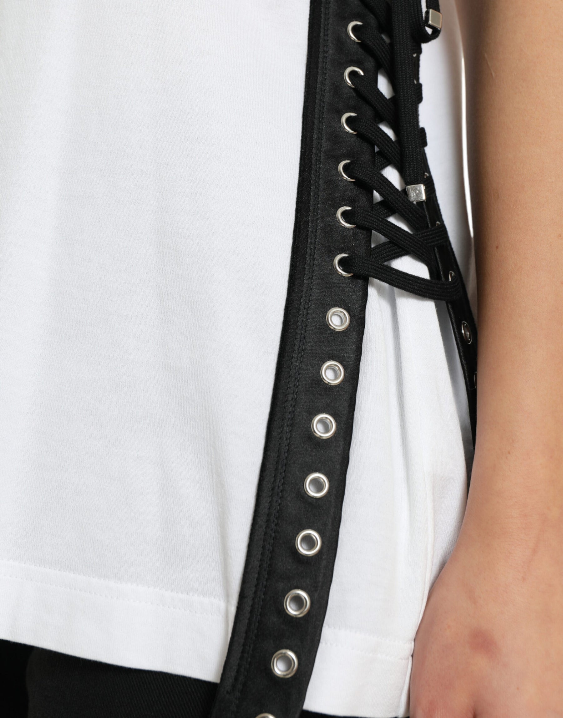 Dolce & Gabbana White Slogan Print Lacing Detailed T-shirt | Regal Royce