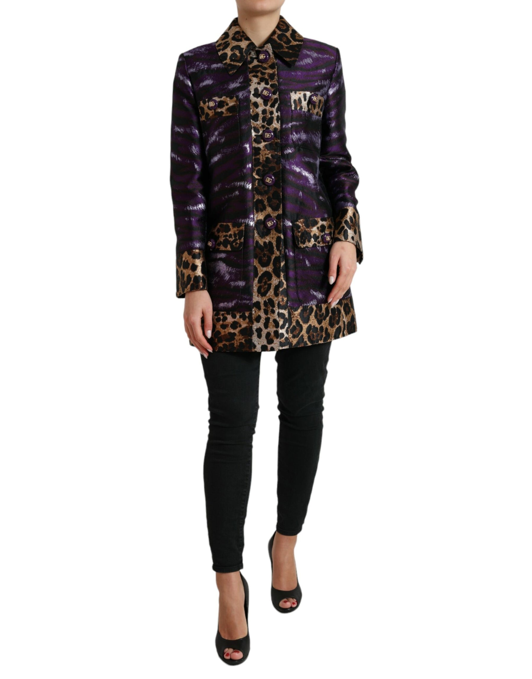 Dolce & Gabbana Purple Lamé Jacquard Tiger Print Coat Jacket | Regal Royce