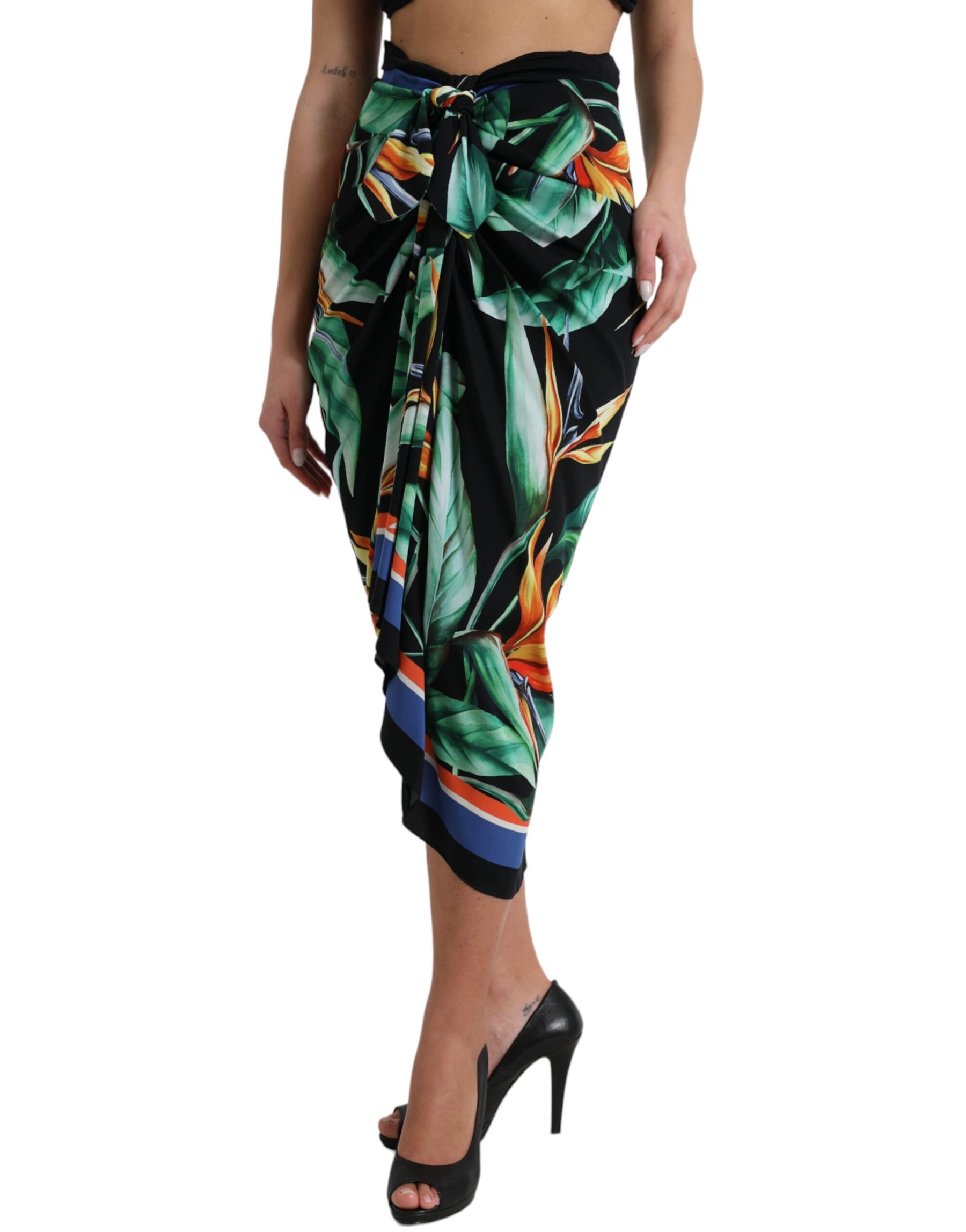 Dolce & Gabbana Black Strelitzia High Waist Wrap Midi Skirt | Regal Royce