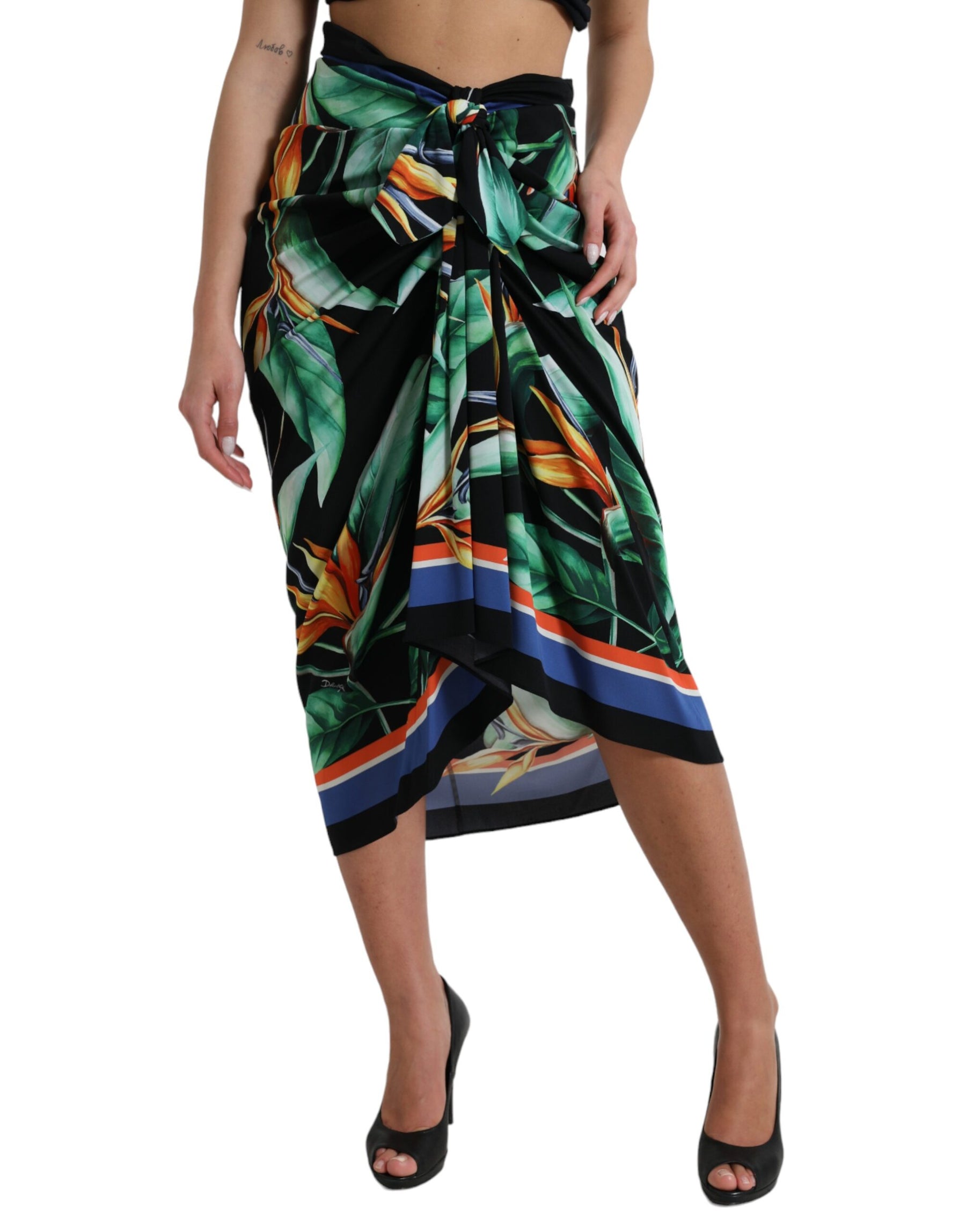 Dolce & Gabbana Black Strelitzia High Waist Wrap Midi Skirt | Regal Royce