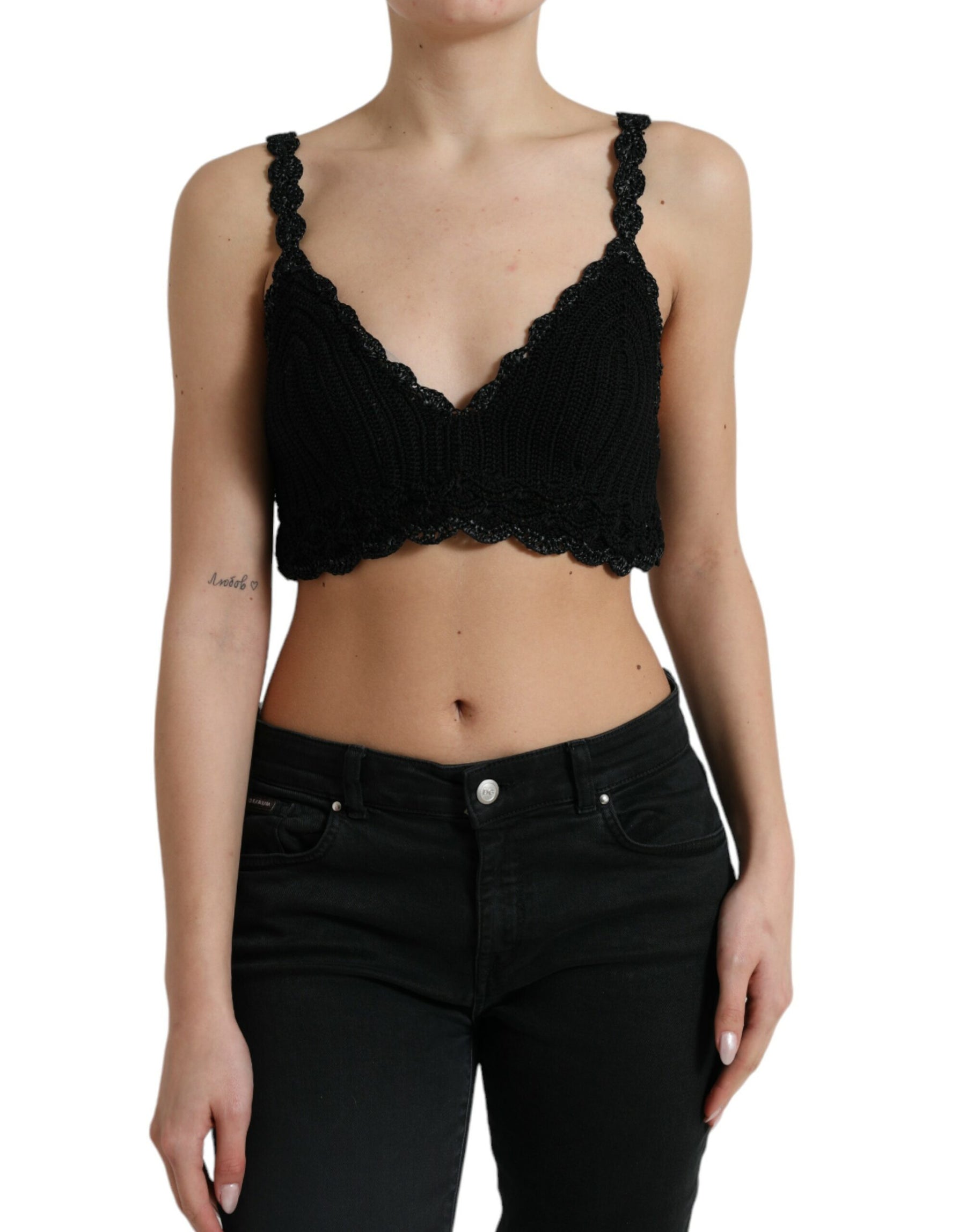 Dolce & Gabbana Black Cotton Bustier Cropped Crochet Tank Top | Regal Royce