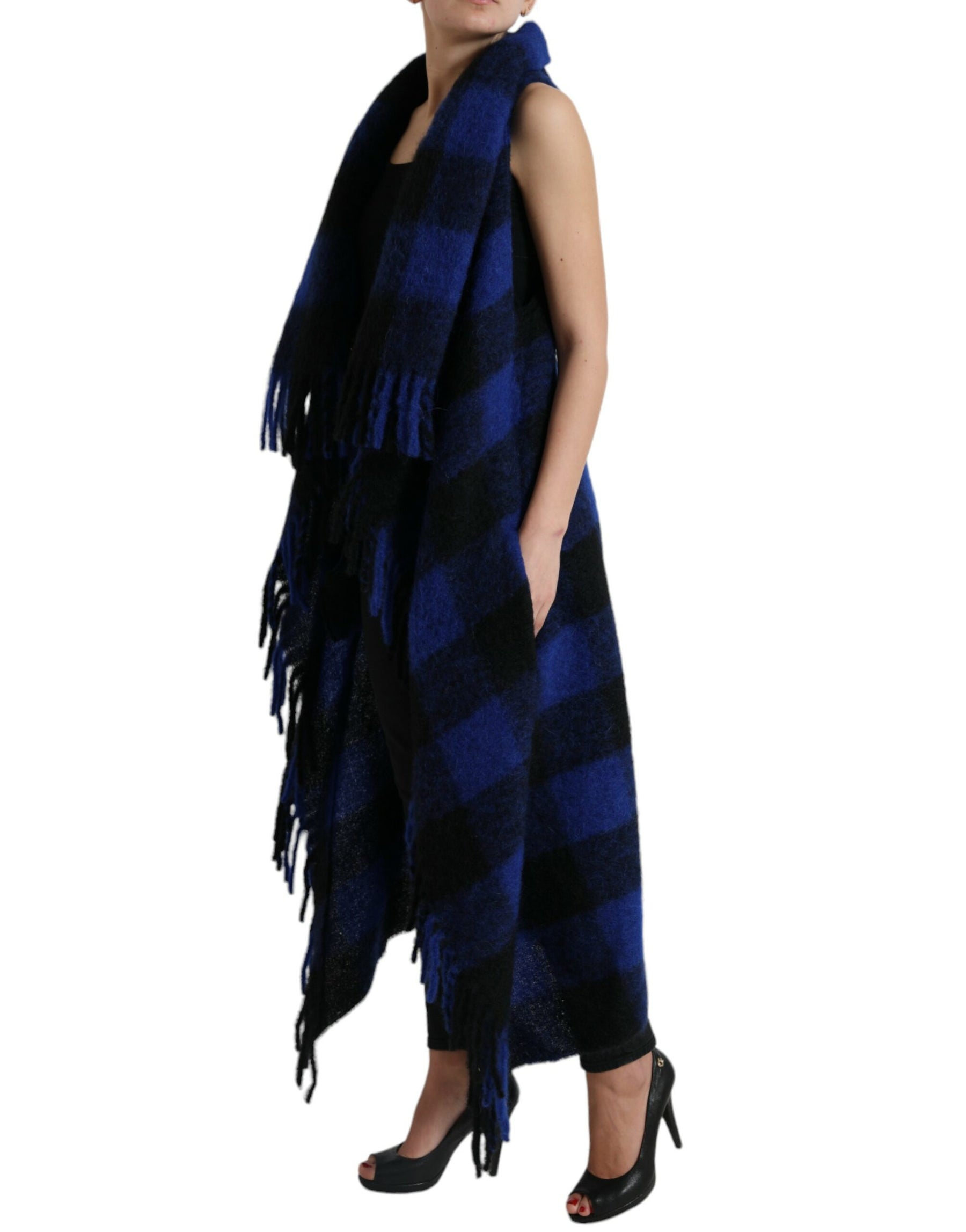 Dolce & Gabbana Black Blue Buffalo Check Poncho Coat Sweater | Regal Royce