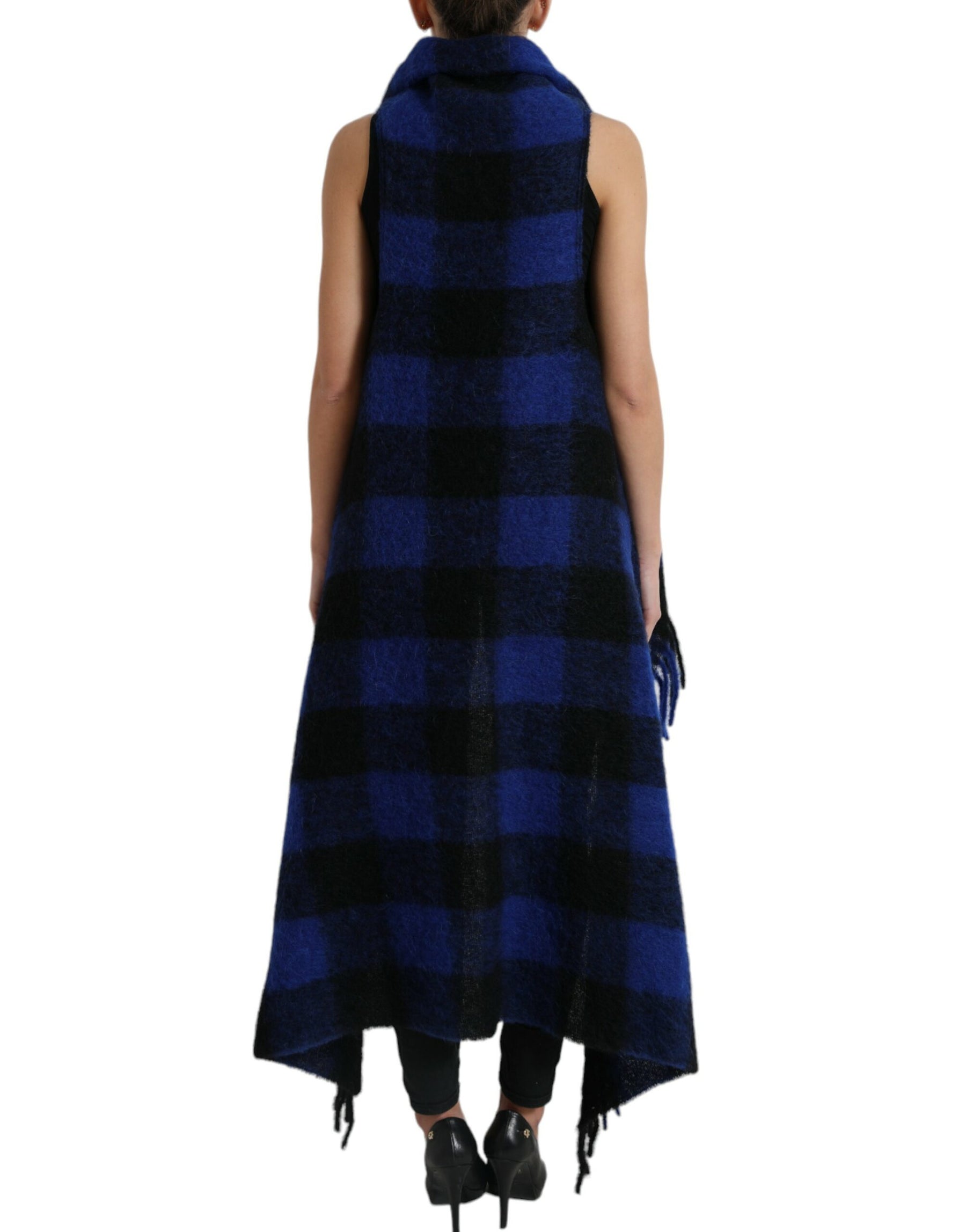Dolce & Gabbana Black Blue Buffalo Check Poncho Coat Sweater | Regal Royce