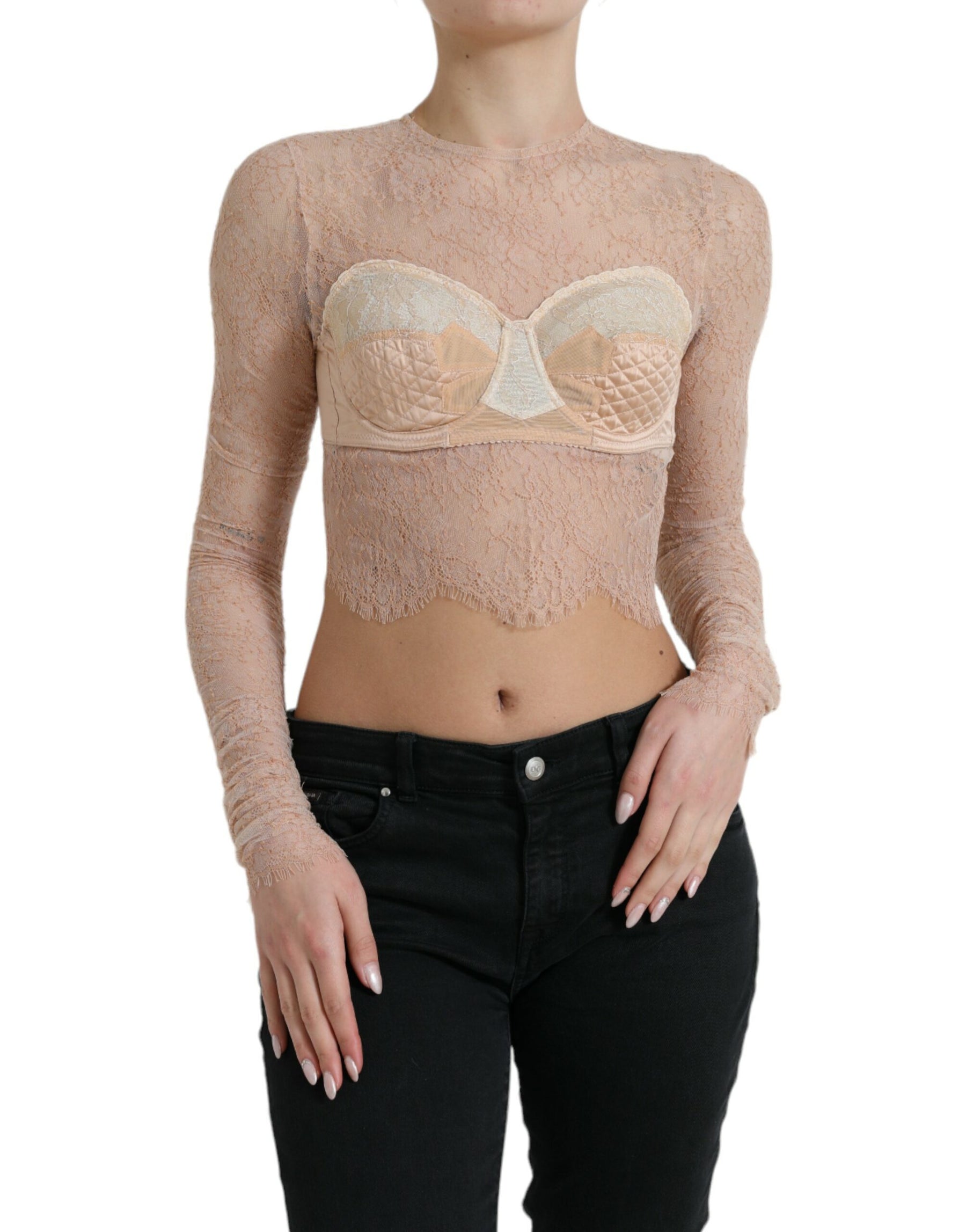 Dolce & Gabbana Beige Nylon Floral Lace Bustier Cropped Top | Regal Royce