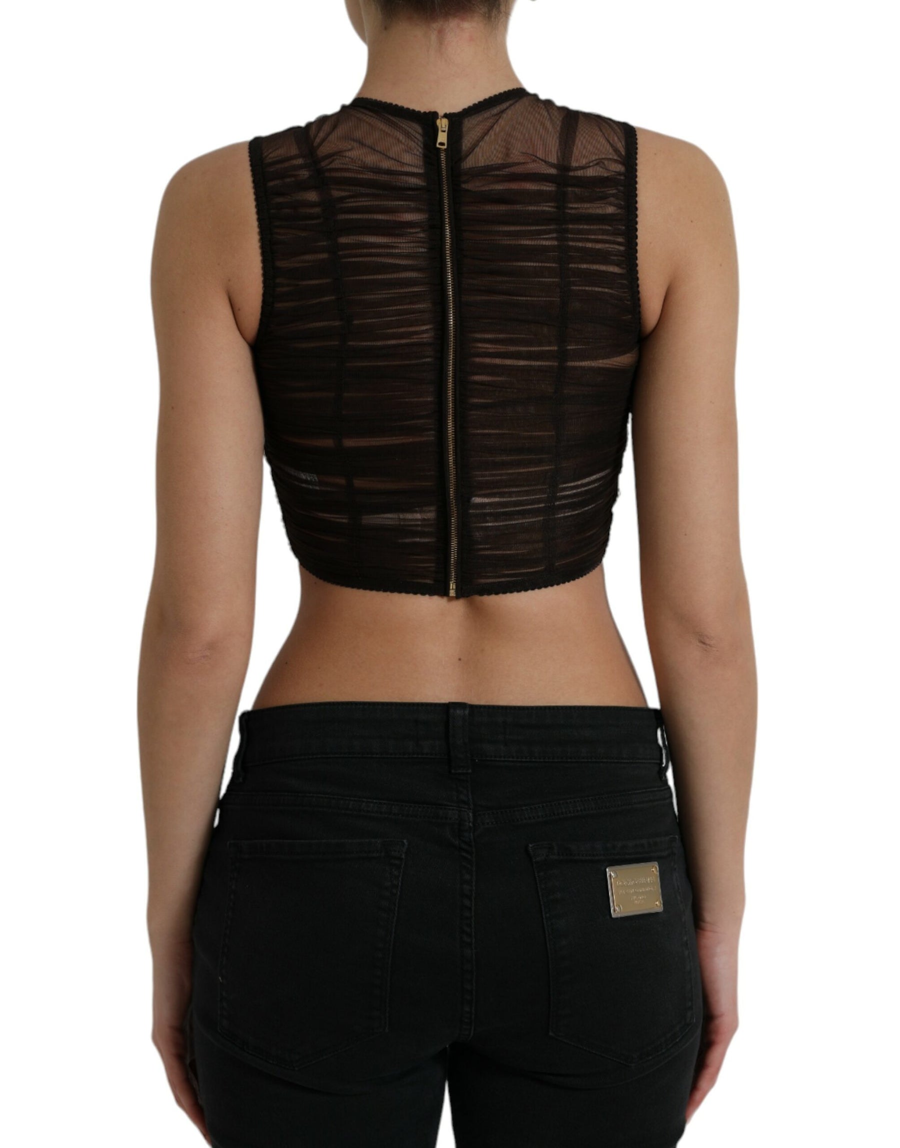 Dolce & Gabbana Brown Embellished Nylon Stretch Cropped Top | Regal Royce