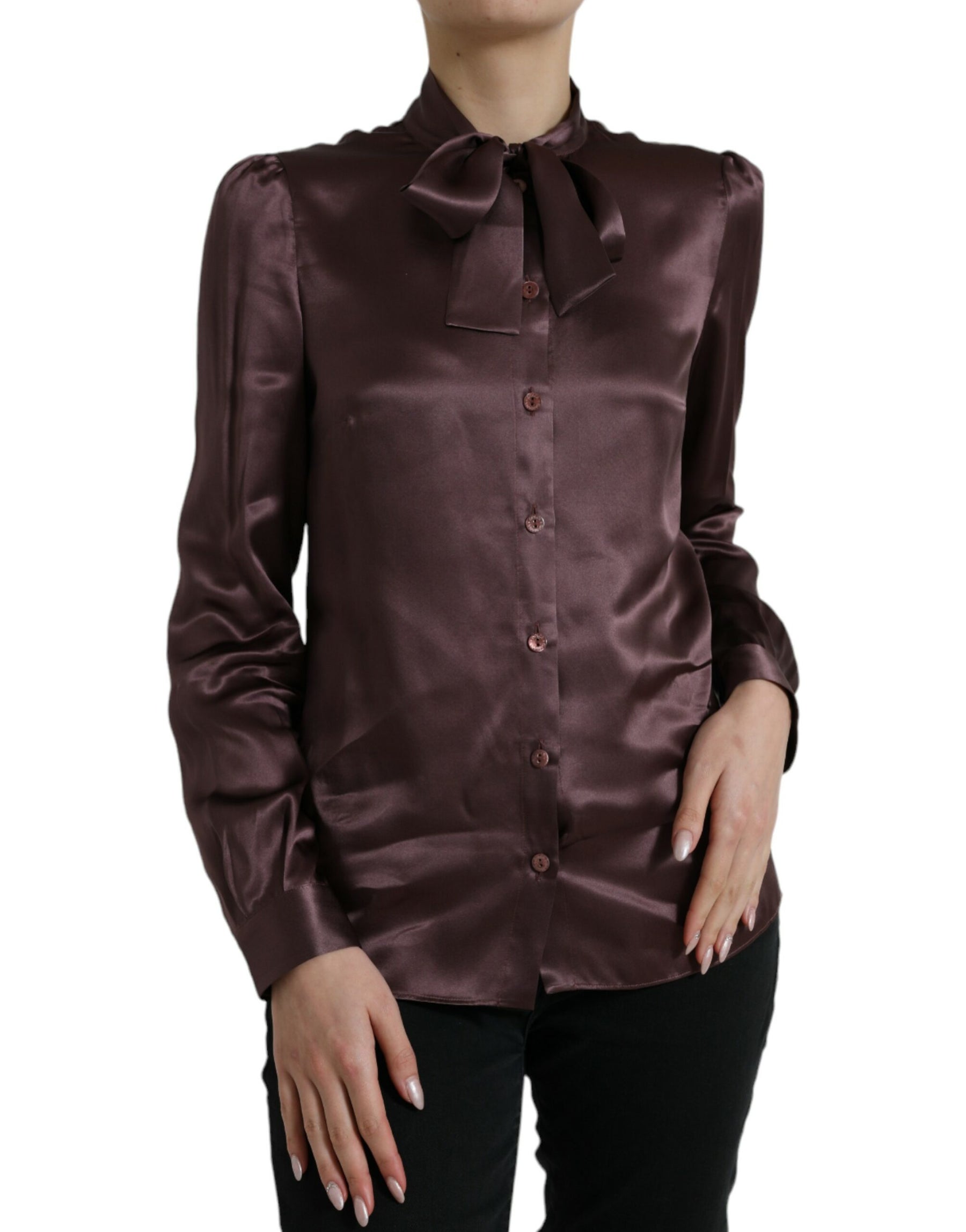 Dolce & Gabbana Brown Silk Ascot Collar Long Sleeve Blouse Top | Regal Royce