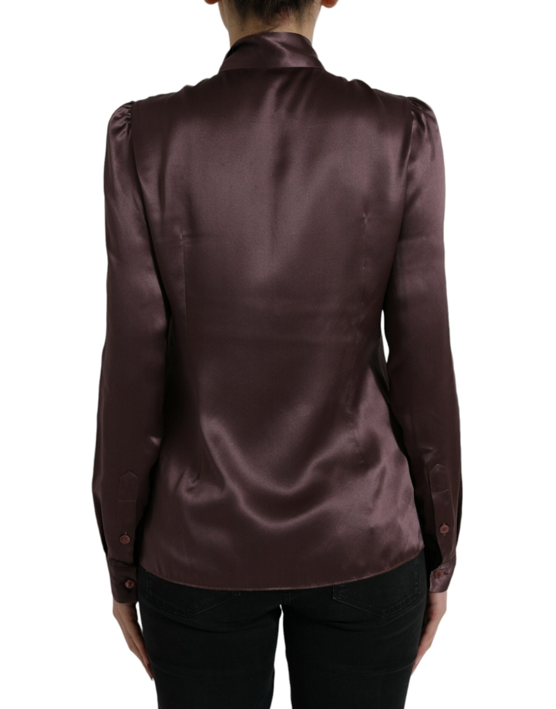 Dolce & Gabbana Brown Silk Ascot Collar Long Sleeve Blouse Top | Regal Royce
