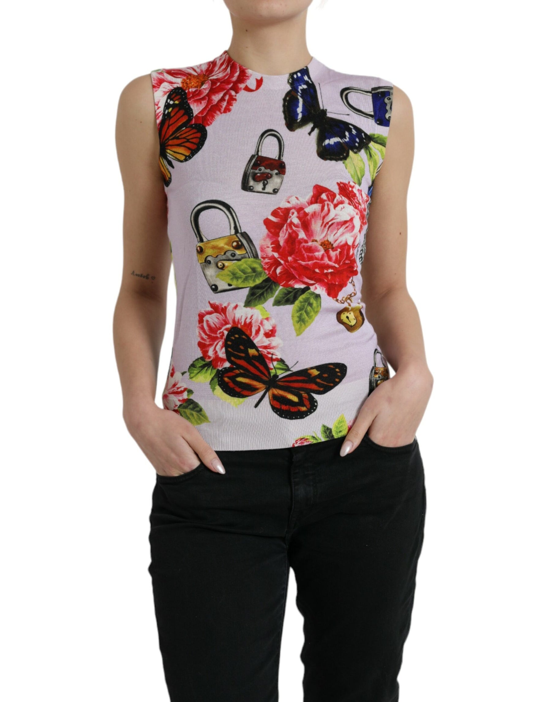 Dolce & Gabbana Multicolor Floral Padlock Butterfly Tank Top | Regal Royce