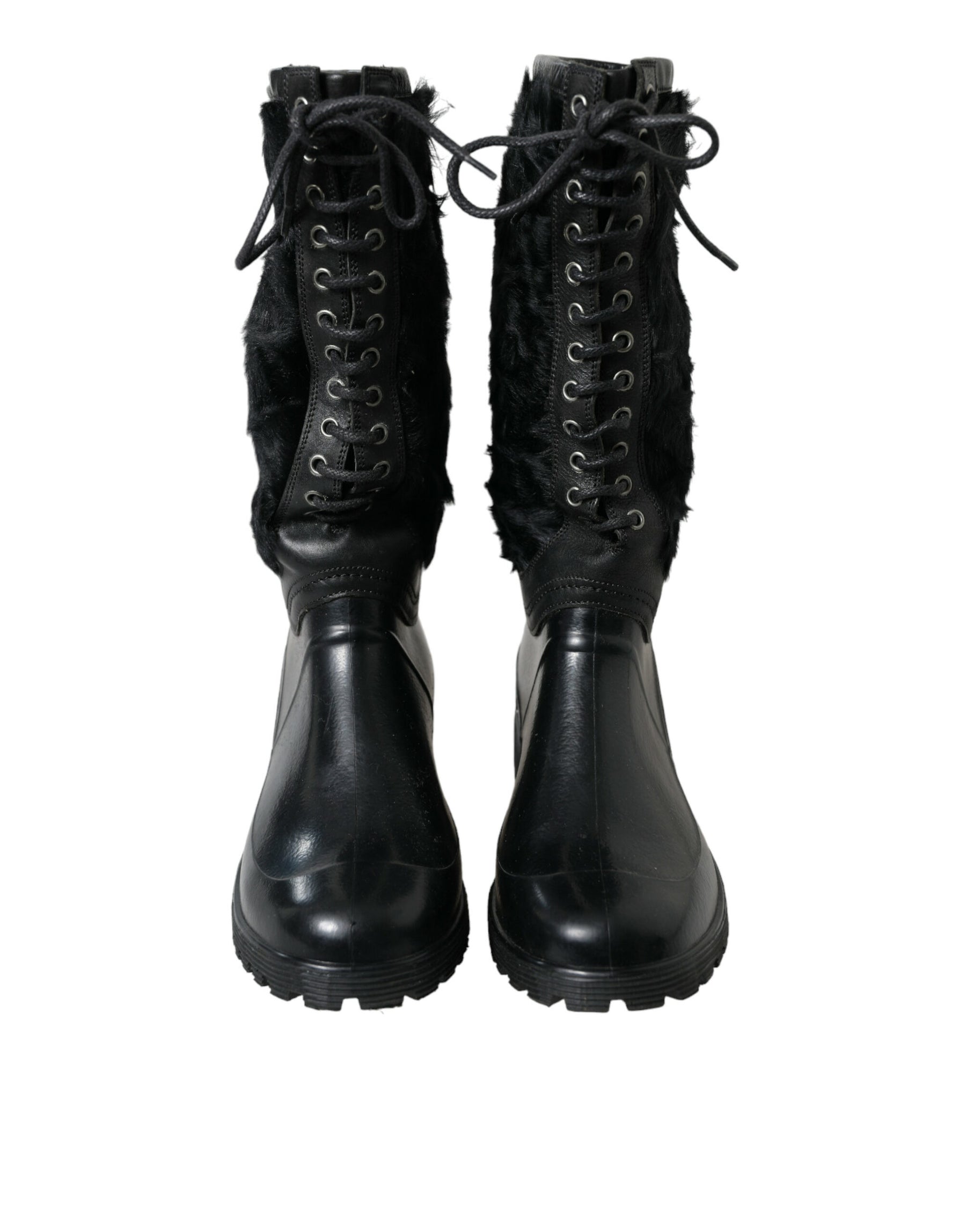 Dolce & Gabbana Black Rubber Lace Up Shearling Rain Boots Shoes | Regal Royce