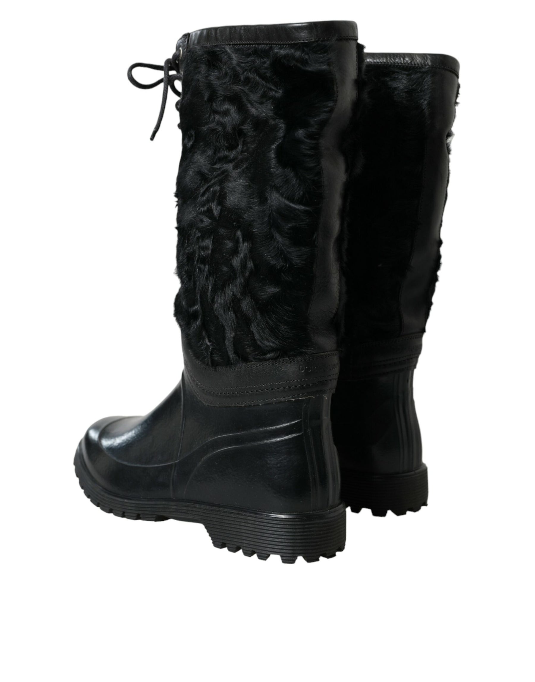 Dolce & Gabbana Black Rubber Lace Up Shearling Rain Boots Shoes | Regal Royce