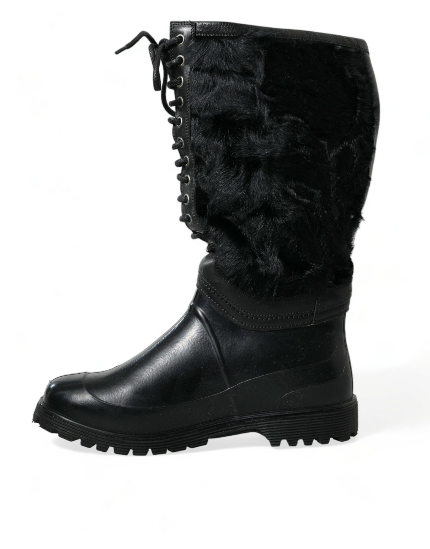 Dolce & Gabbana Black Rubber Lace Up Shearling Rain Boots Shoes | Regal Royce