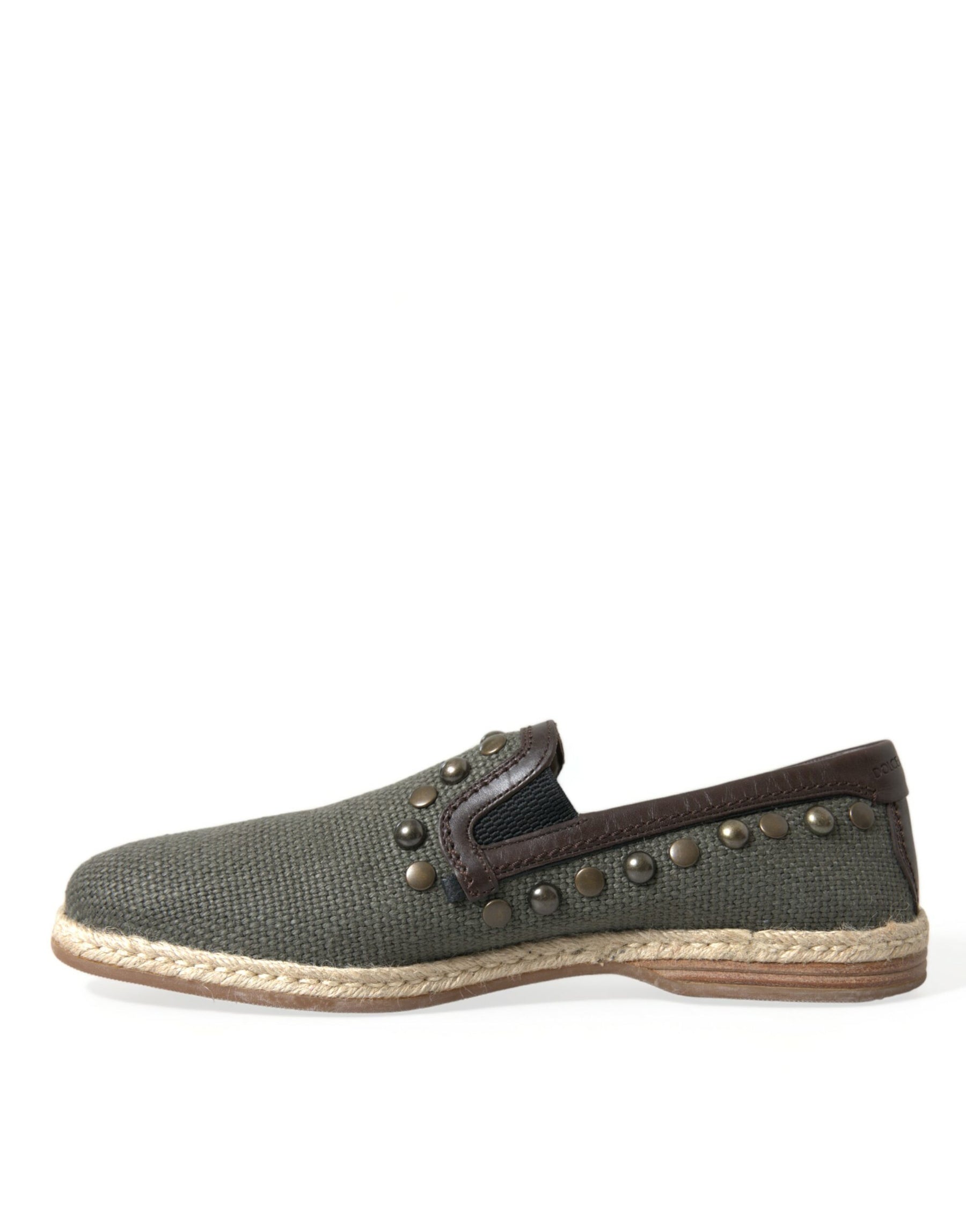 Dolce & Gabbana Gray Linen Leather Studded Loafers Shoes | Regal Royce