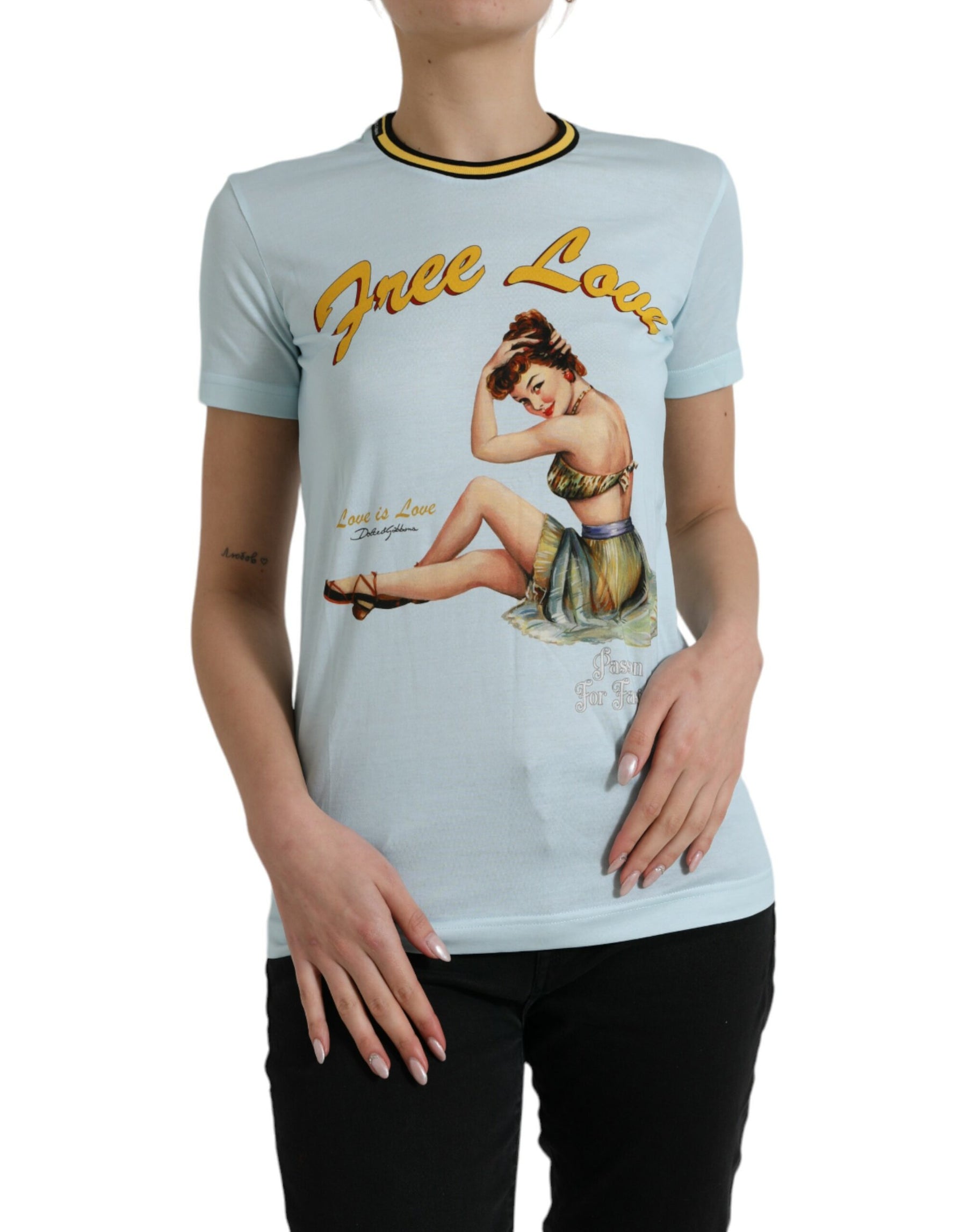 Dolce & Gabbana Light Blue Cotton Free Love Crew Neck T-shirt | Regal Royce