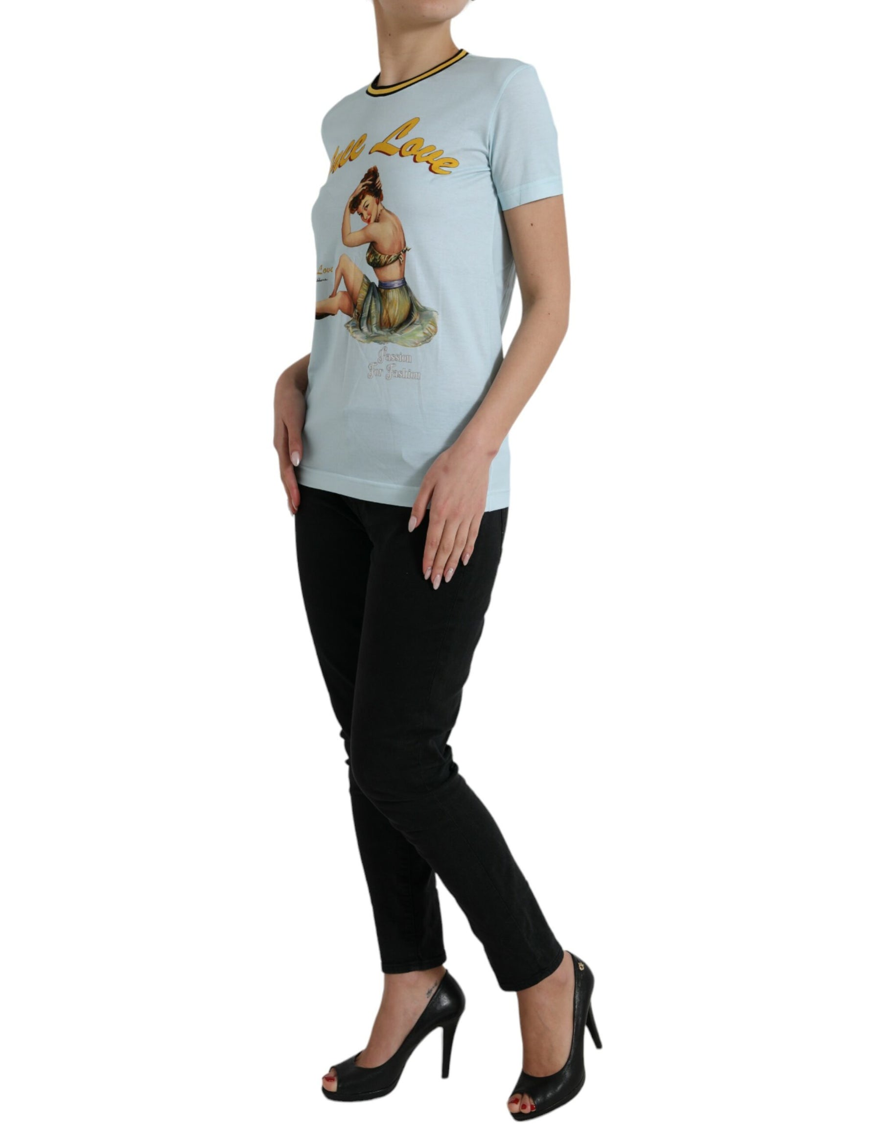 Dolce & Gabbana Light Blue Cotton Free Love Crew Neck T-shirt | Regal Royce