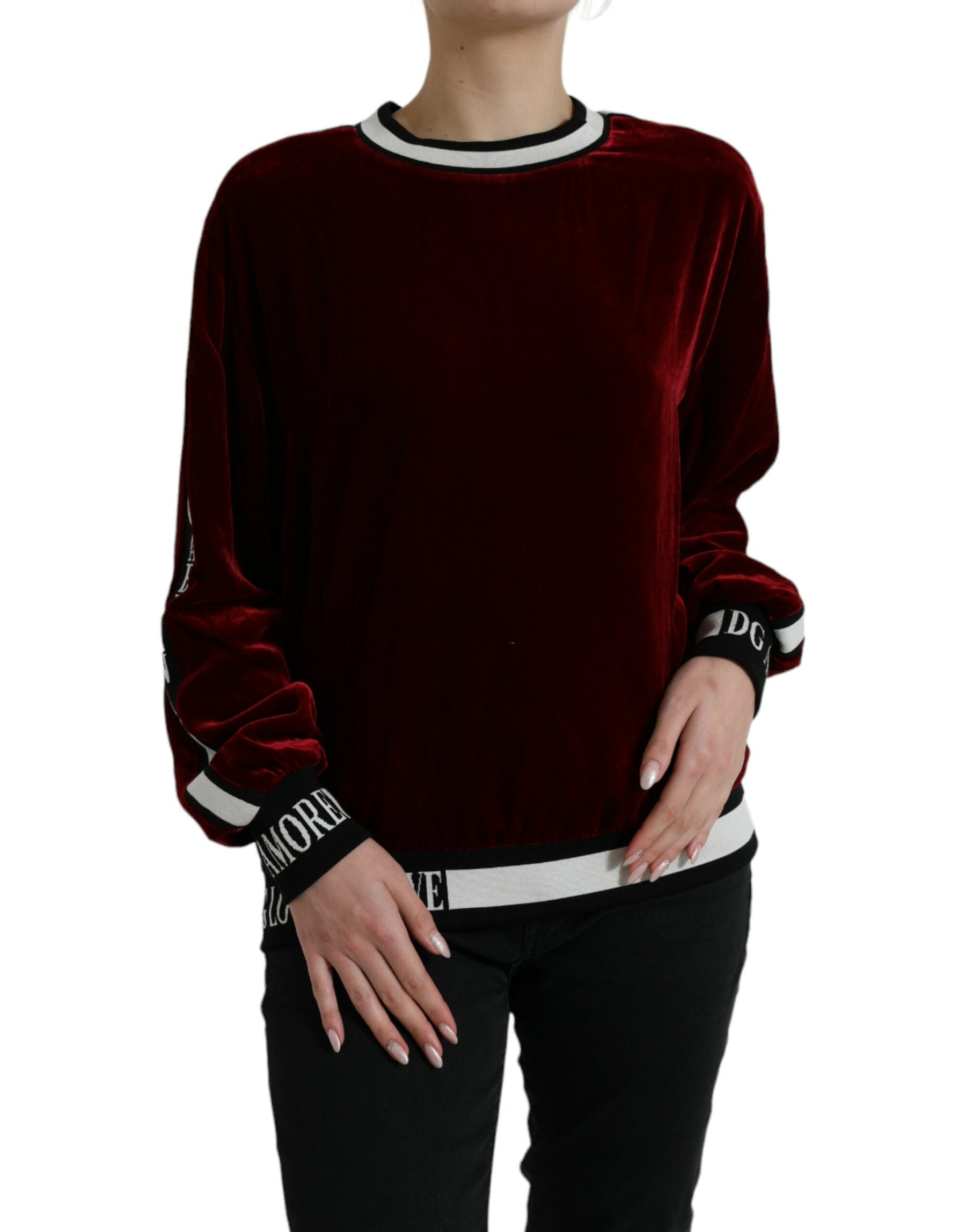 Dolce & Gabbana Bordeaux Velvet Round Neck Pullover Sweater | Regal Royce