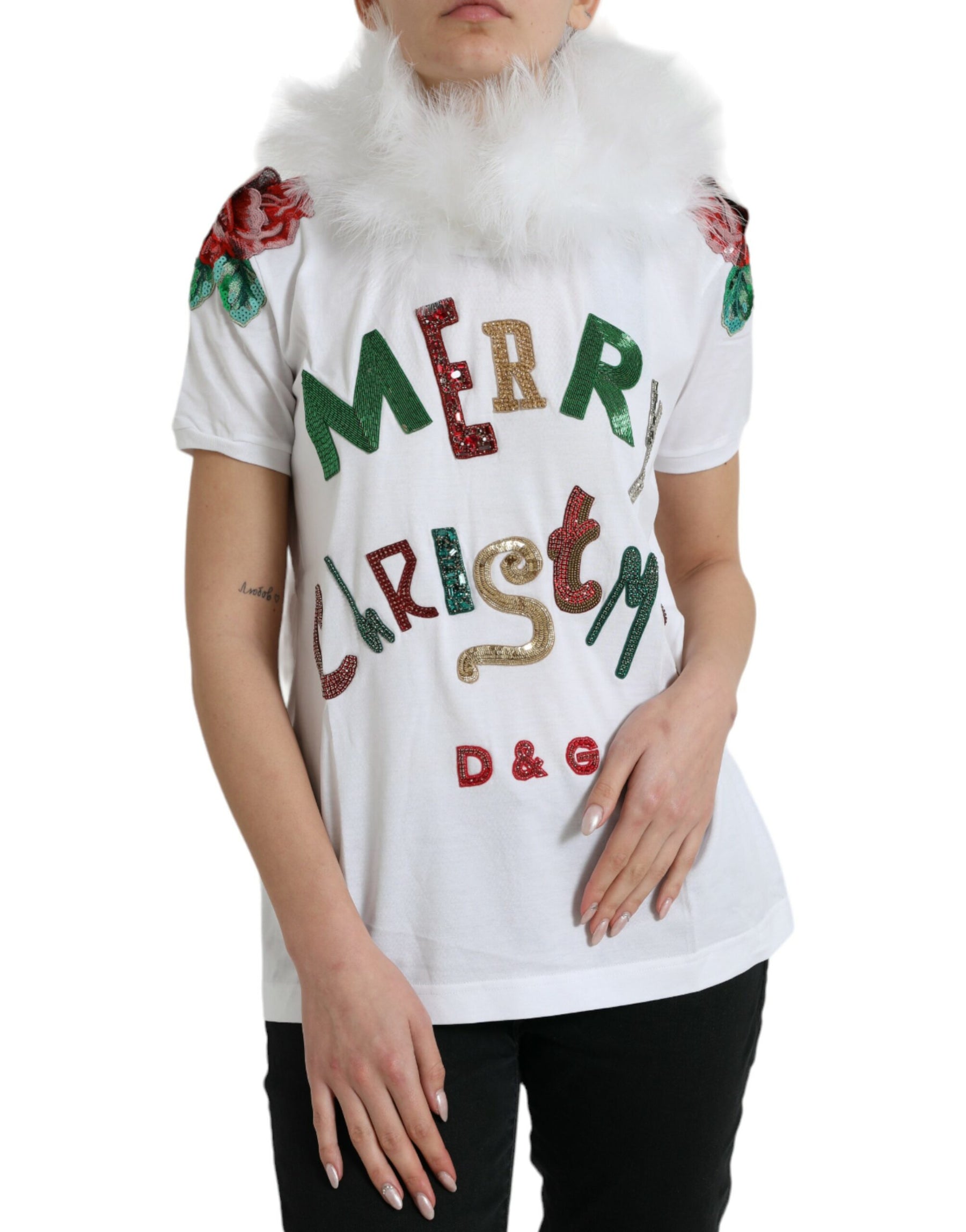 Dolce & Gabbana White Cotton Christmas Sequin Fur T-shirt | Regal Royce