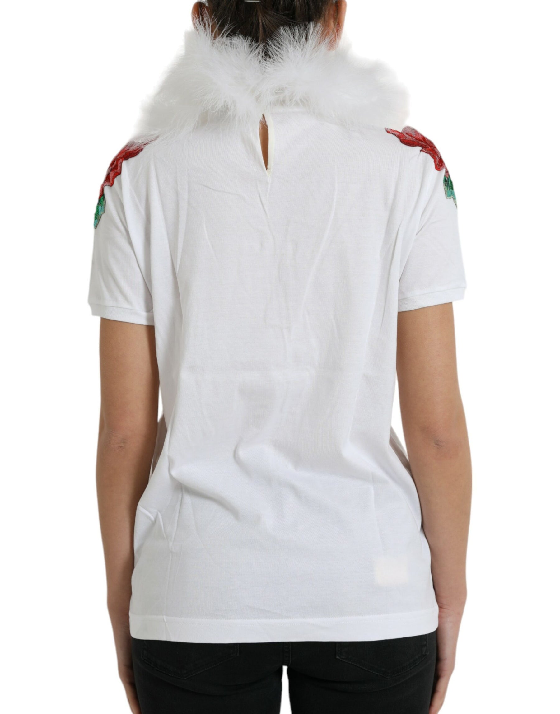 Dolce & Gabbana White Cotton Christmas Sequin Fur T-shirt | Regal Royce