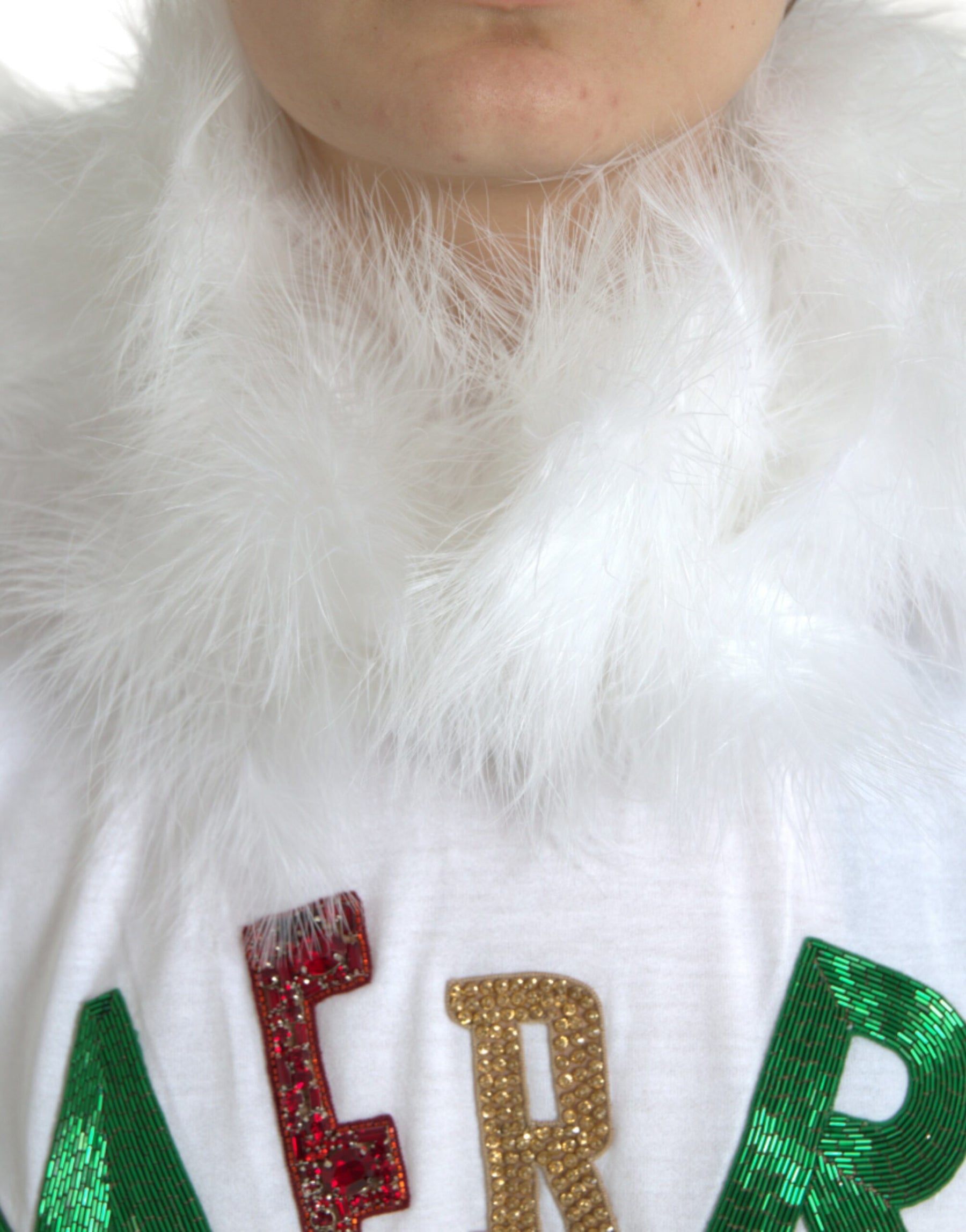 Dolce & Gabbana White Cotton Christmas Sequin Fur T-shirt | Regal Royce