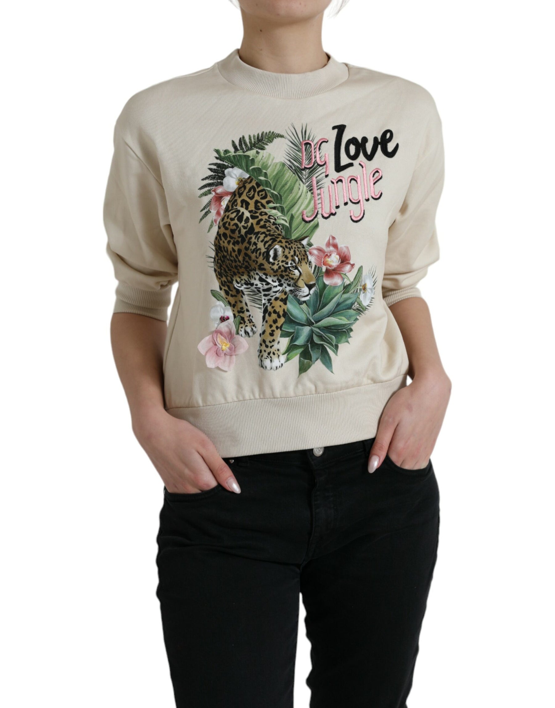 Dolce & Gabbana Beige Jungle Printed Cotton Pullover Sweater | Regal Royce