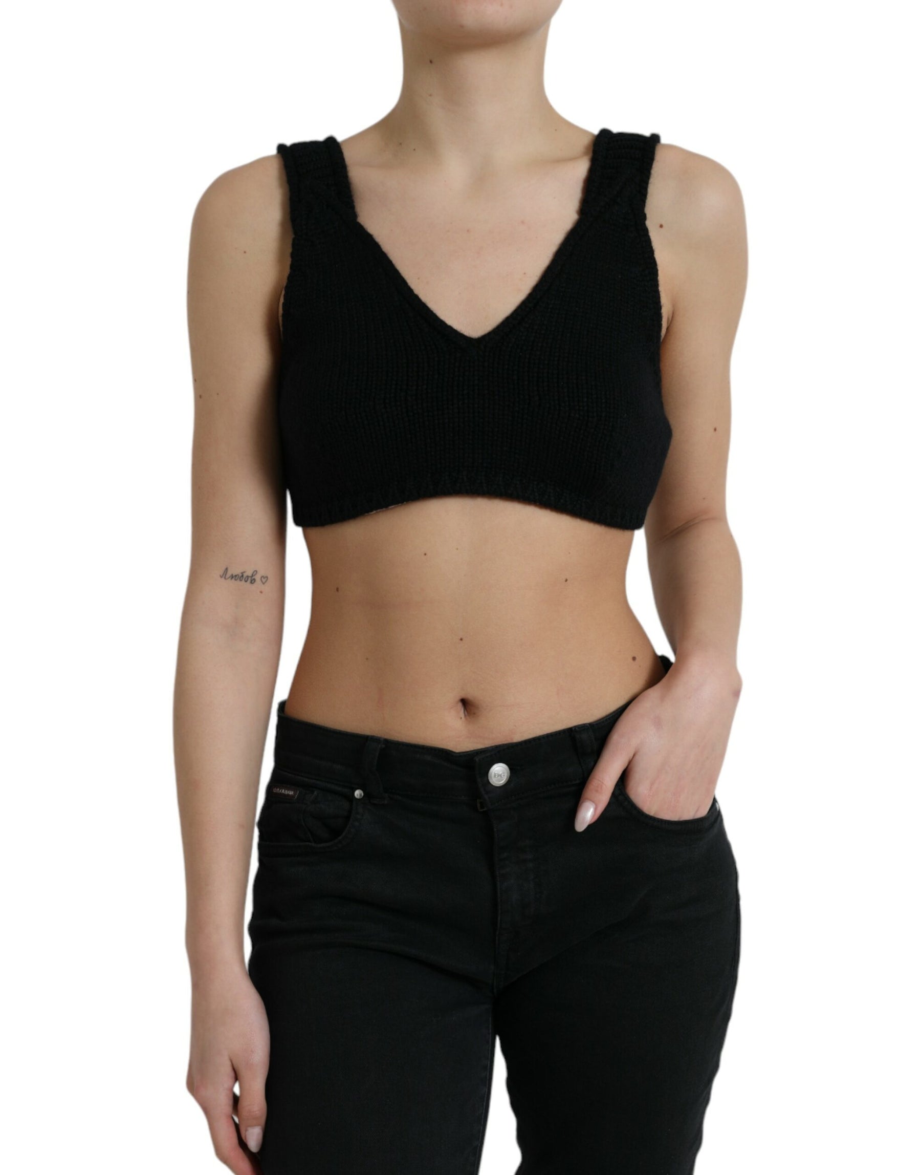 Dolce & Gabbana Black Cropped Cashmere V-neck Bustier Top | Regal Royce