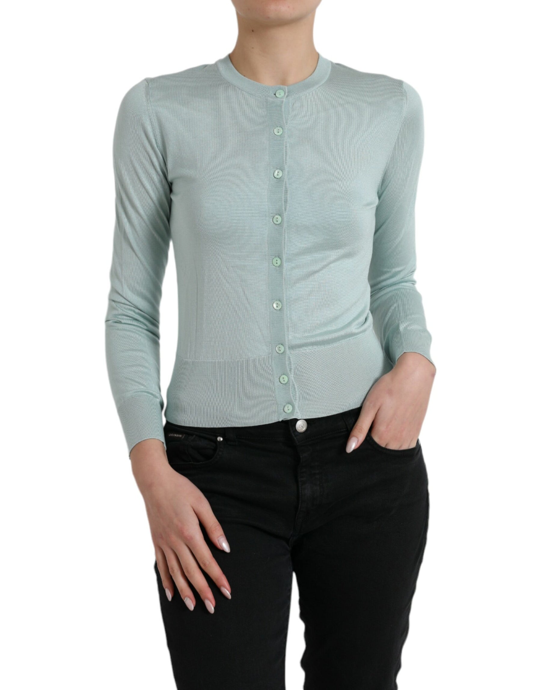 Dolce & Gabbana Light Blue Silk Crew Neck Cardigan Sweater | Regal Royce