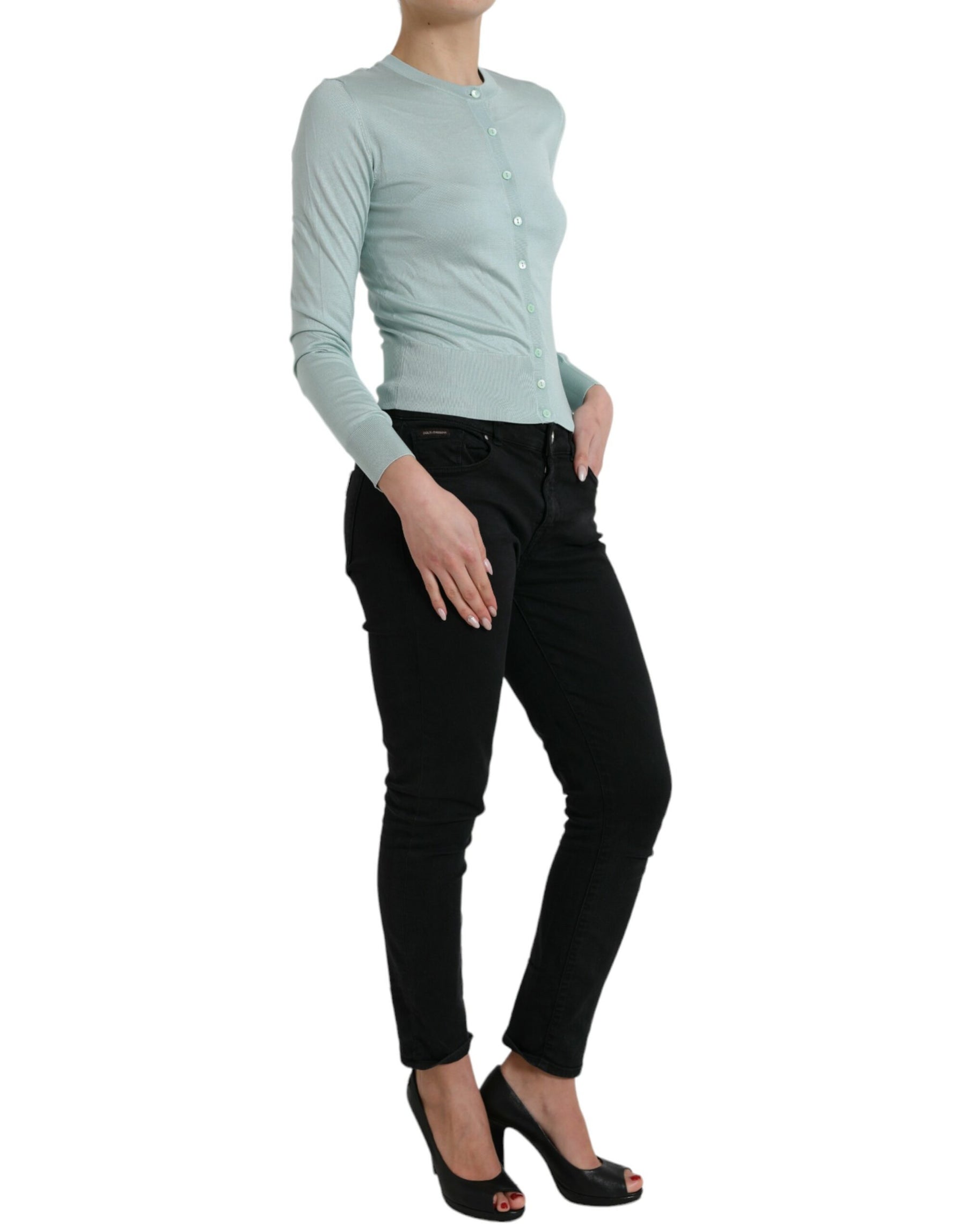 Dolce & Gabbana Light Blue Silk Crew Neck Cardigan Sweater | Regal Royce