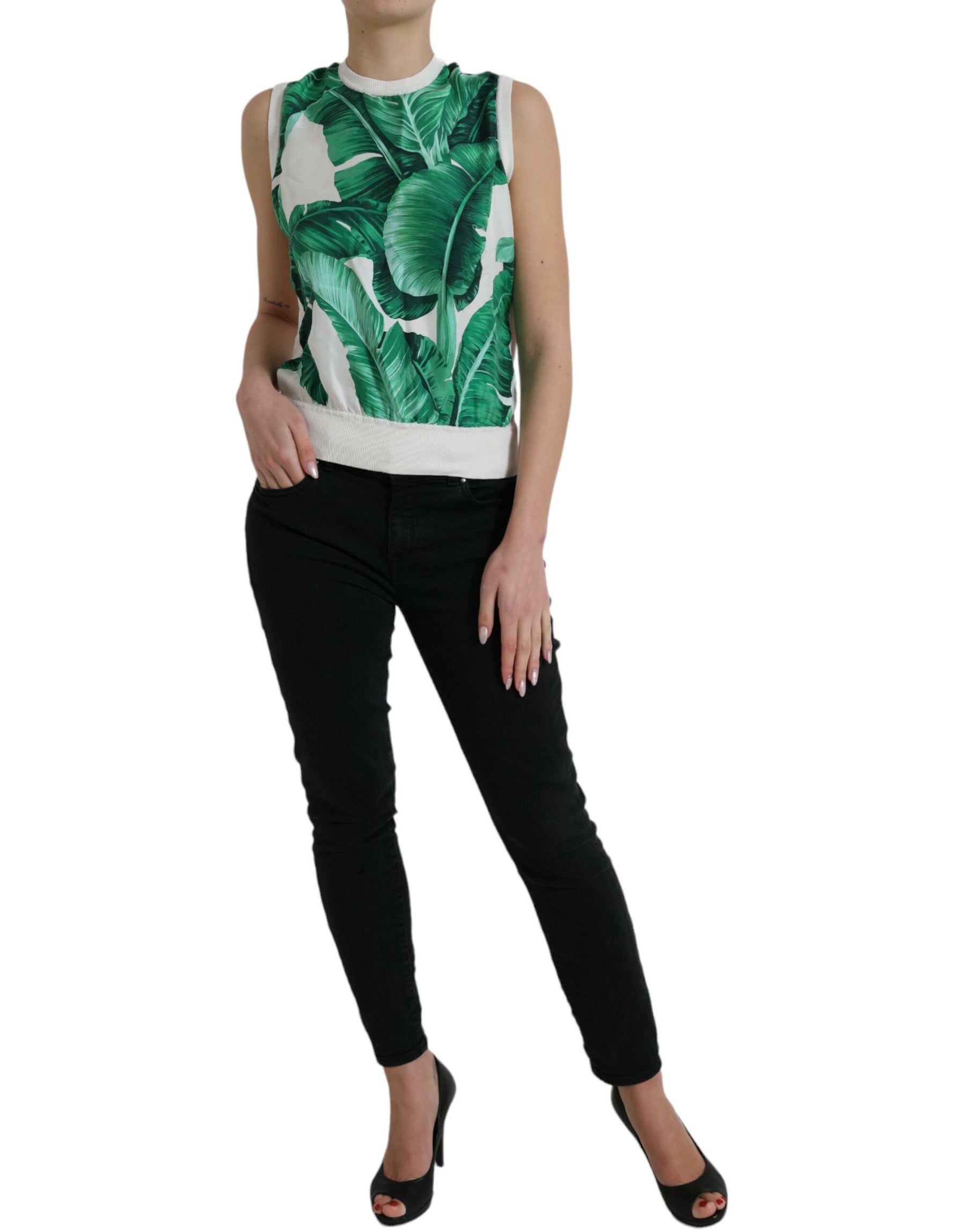 Dolce & Gabbana White Banana Leaf Print Crew Neck Tank Top | Regal Royce