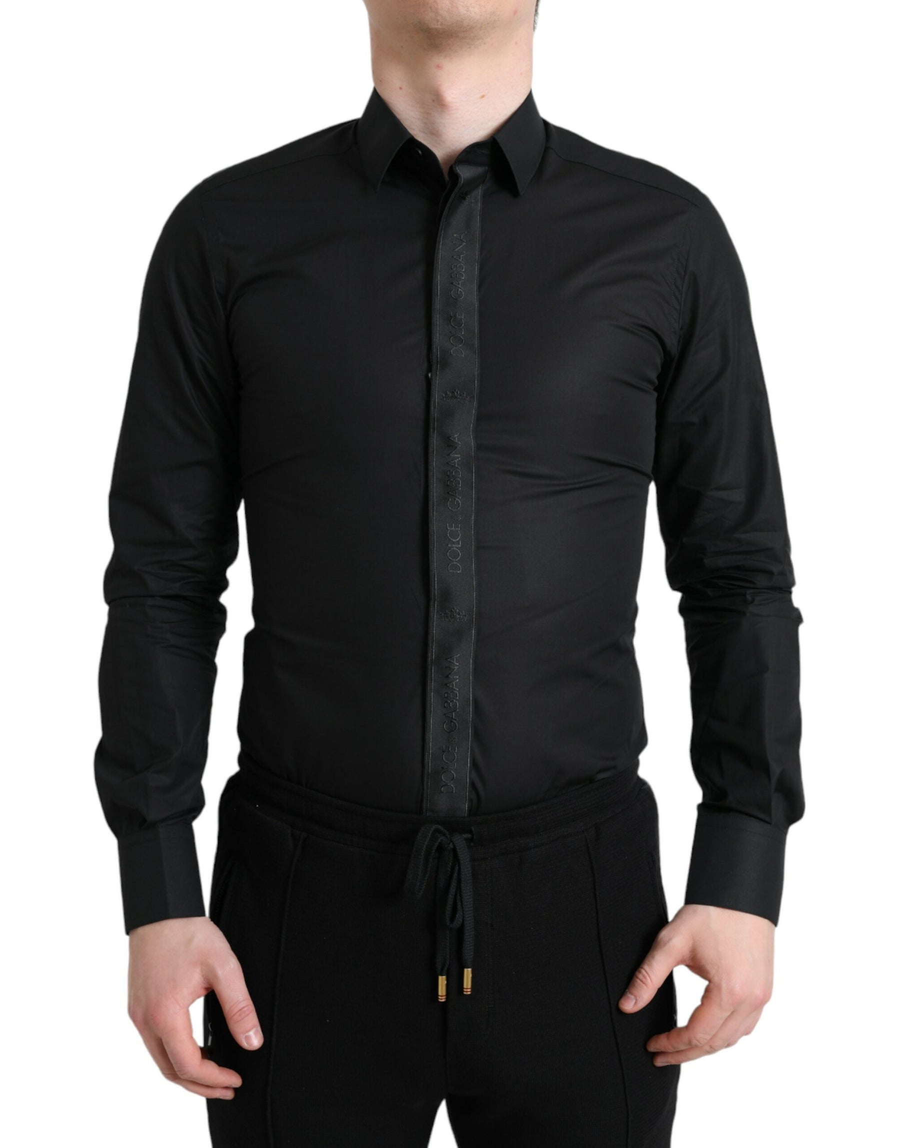 Dolce & Gabbana Black Cotton Logo Formal GOLD Dress Shirt | Regal Royce